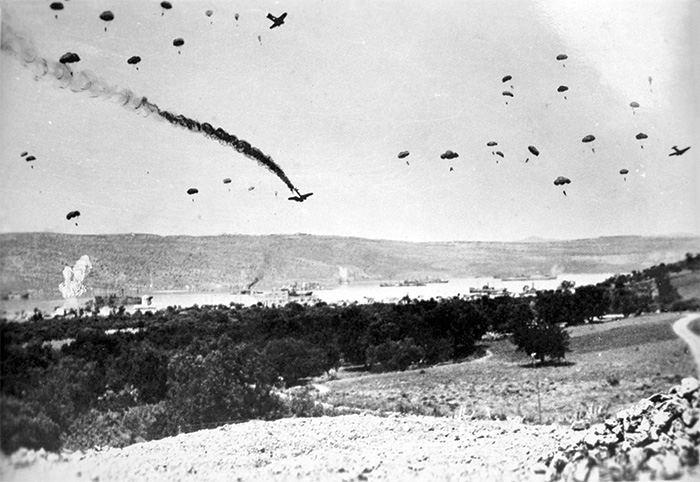 German paratroopers landing on Crete, May 1941. The activities of a German intelligence gathering division during this battle inspired Fleming to develop the 30 Assault Unit, who he hoped would do the same for the British.