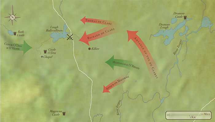 Plan of the Battle of Dysert O’Dea, 10 March 1318. The battle was a decisive defeat for the English cavalry and a major milestone in the gathering ‘Gaelic resurgence’