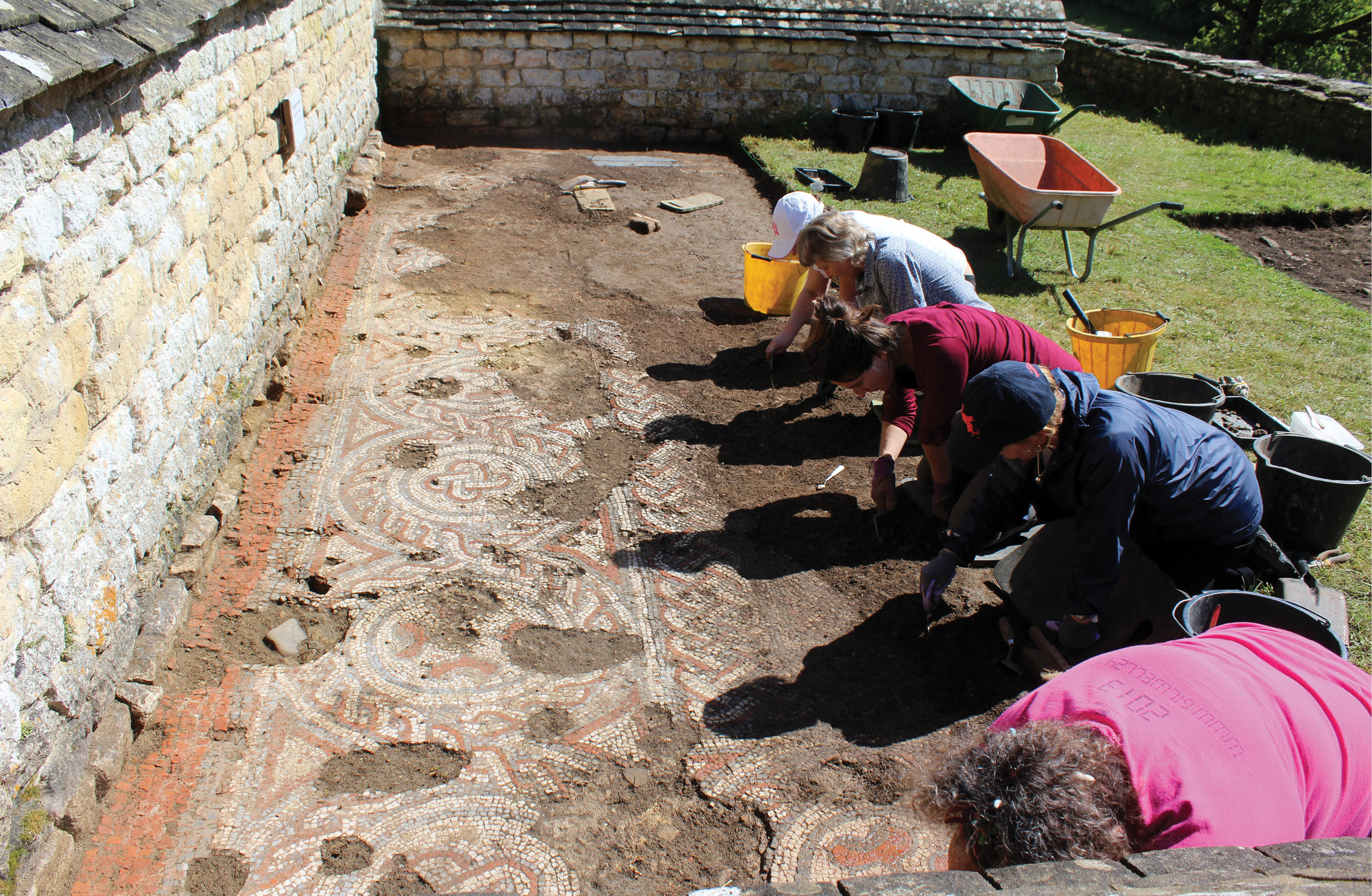 opposite Recent radiocarbon dating of materials excavated at Chedworth Roman villa in Gloucestershire suggests that this mosaic may have been laid after AD 424 which would make it Britain’s first-known 5th-century mosaic.