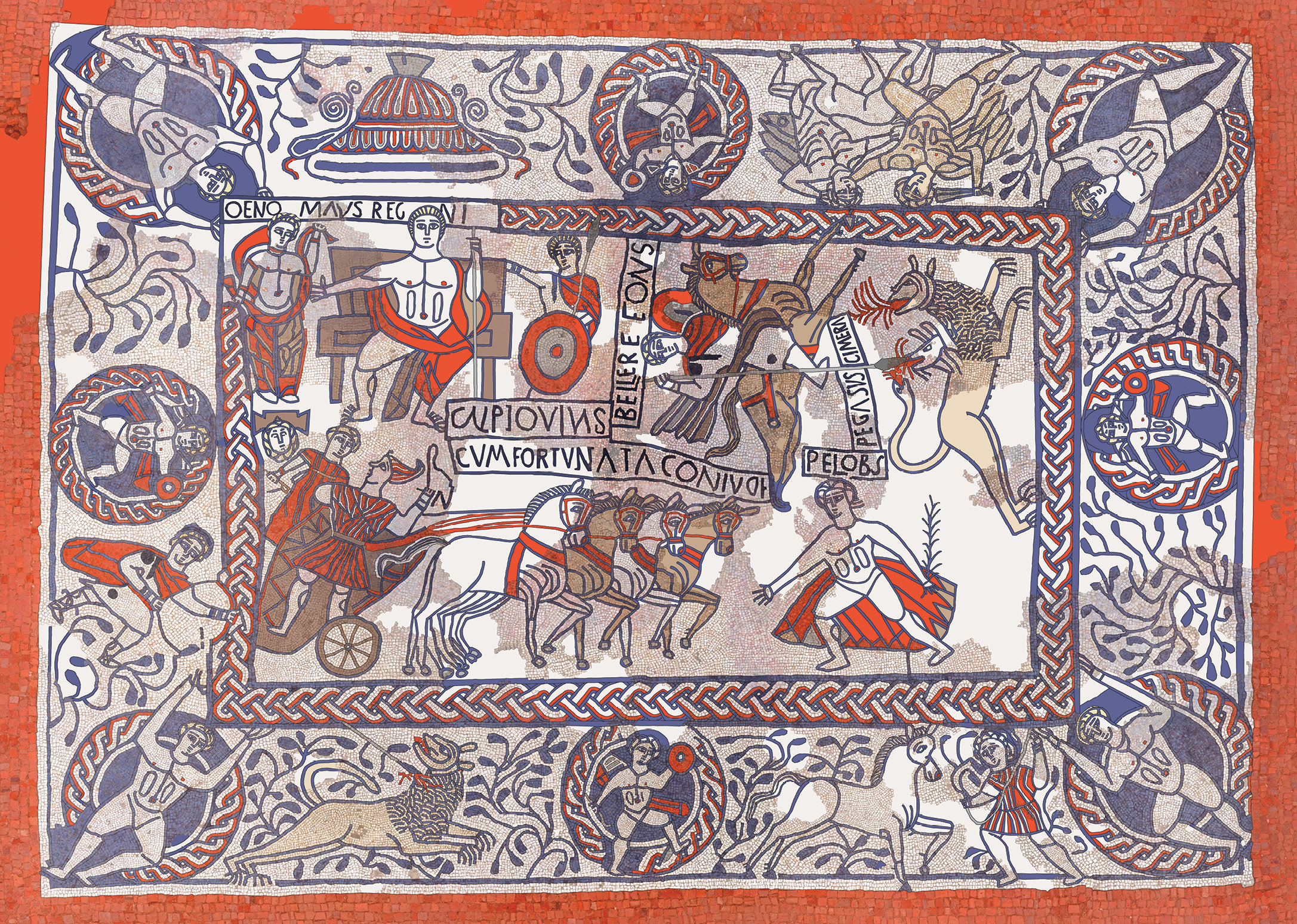 OPPOSITE This drone photo shows the extent of Boxford’s 4th-century Roman mosaic at Mud Hole villa, fully exposed in 2019. Although damaged, its intricate mythological design is still clear. BELOW The missing areas of the mosaic restored by Steve Clark, based on interpretative reconstructions by Anthony Beeson, from a drone shot by Richard Miller.