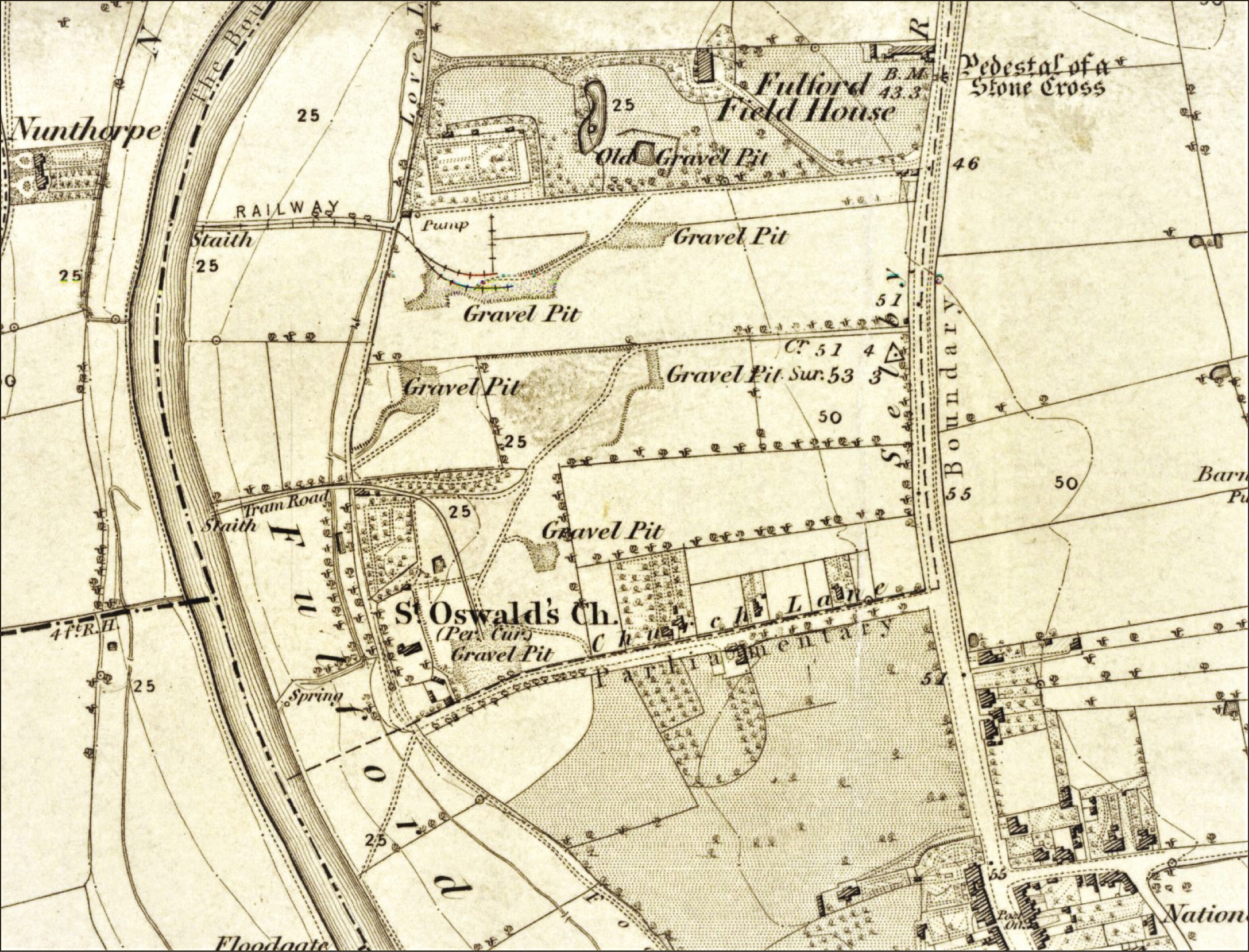 OPPOSITE Old St Oswald from the west bank of the Ouse, depicted by George Nicholson in 1826. Well House can be seen behind the church (to the right). The artist has exaggerated the proximity to the river, where a landing stage projects into the river at the point where the ‘ford’ in Fulford might have been. The landing stage may also be a relic of a later ferry. BELOW Part of Sheet 174 of the Ordnance Survey 6in/mile map of York, published in 1851. It shows Fulford Road to the right originally a Roman road and the River Ouse some 400m to the west (left), with Church Lane running at a right angle, past orchards and gravel pits, to Old St Oswald’s Church and Well House.