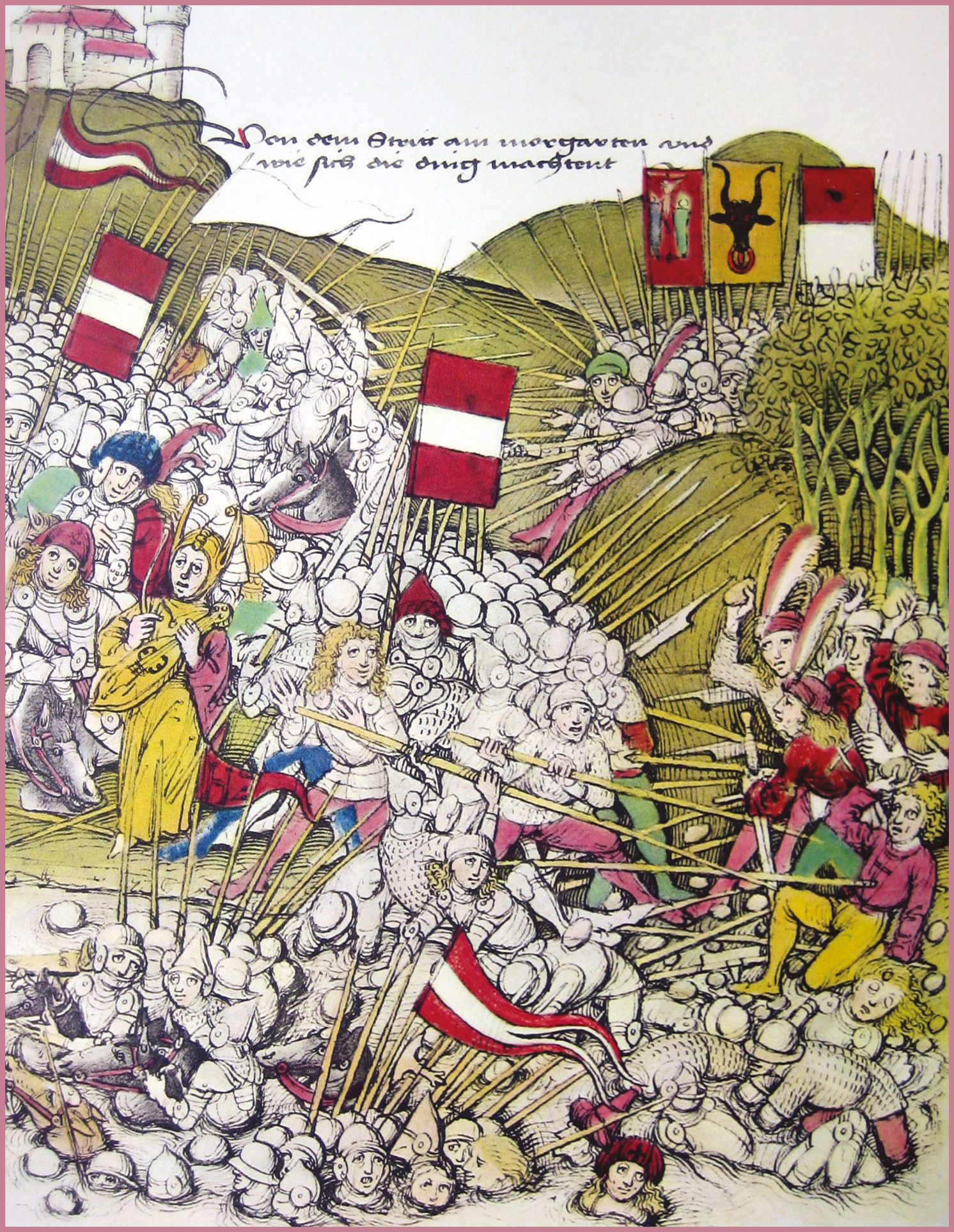 RIGHT A near-contemporary depiction of the Battle of Morgarten. Note the wooded mountain terrain and the lake. The terrain was a decisive factor in the defeat of the Austrian chivalry.