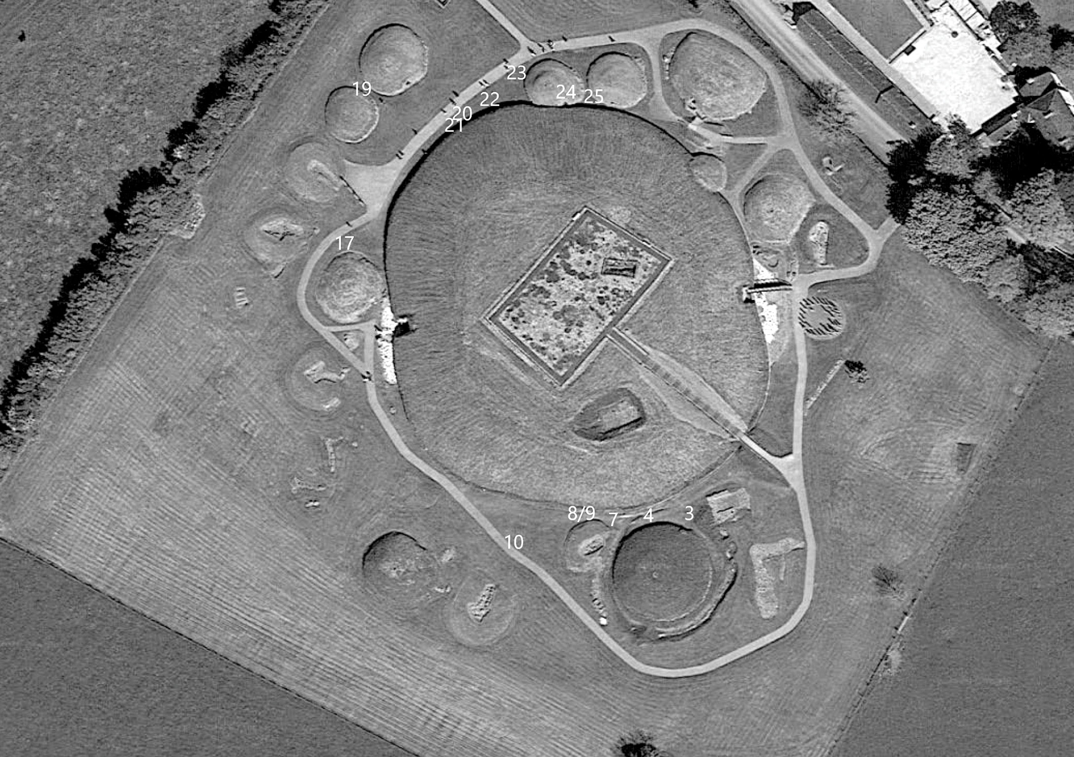 Above Interments in the Neolithic passage grave and satellite tombs at Knowth, Co. Meath, ceased at the start of the Bronze Age, but the monument was used again in the Iron Age, with the insertion of 14 crouched inhumations around the main monument (here numbered), suggestive of a new group moving into the district and seeking to identify with the earlier inhabitants.