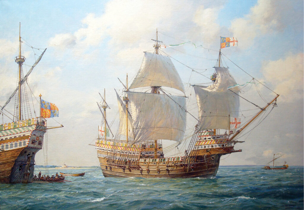 The Mary Rose, as she would have looked in 1545, in a painting by Geoff Hunt.