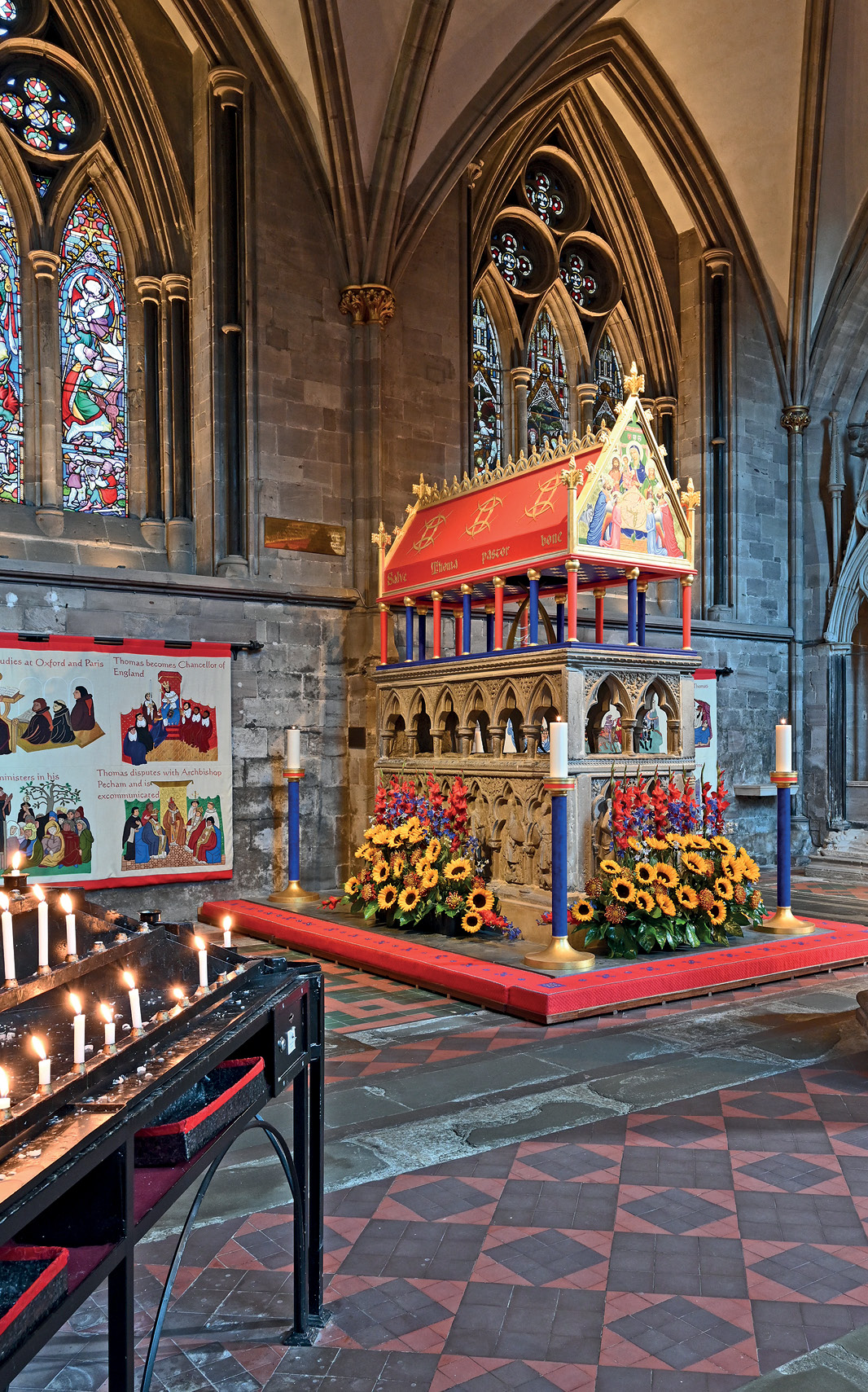 BELOW LEFT The Volka Chapel at Kingsland is an excellent example of the kind of chantry chapel that was added to many local churches during the 14th century, with an altar at which prayers were said ‘in perpetuity’ for the souls of the donor family. BELOW RIGHT The shrine of St Thomas de Cantilupe in the north transept of Hereford Cathedral. The cult of St Thomas prompted the need for a grander cathedral and provided the income to bring this about. This year marks the 700th anniversary of his canonisation and the shrine is still an important pilgrimage destination, marking the ultimate goal of the St Thomas Way, which starts in Swansea.