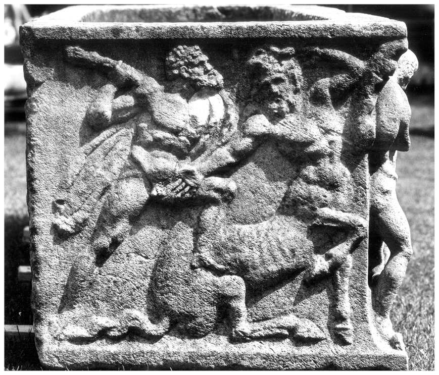 RIGHT In the eastern border of the Boxford mosaic, Hercules is shown killing a centaur who adopts the ‘fatal pose’ known in artworks spanning the 5th century BC to the later Roman period. Compare the 2nd-century Hercules sarcophagus (ABOVE), formerly at the Villa Borghese, Rome, and then in the Astor Collection at Hever Castle.
