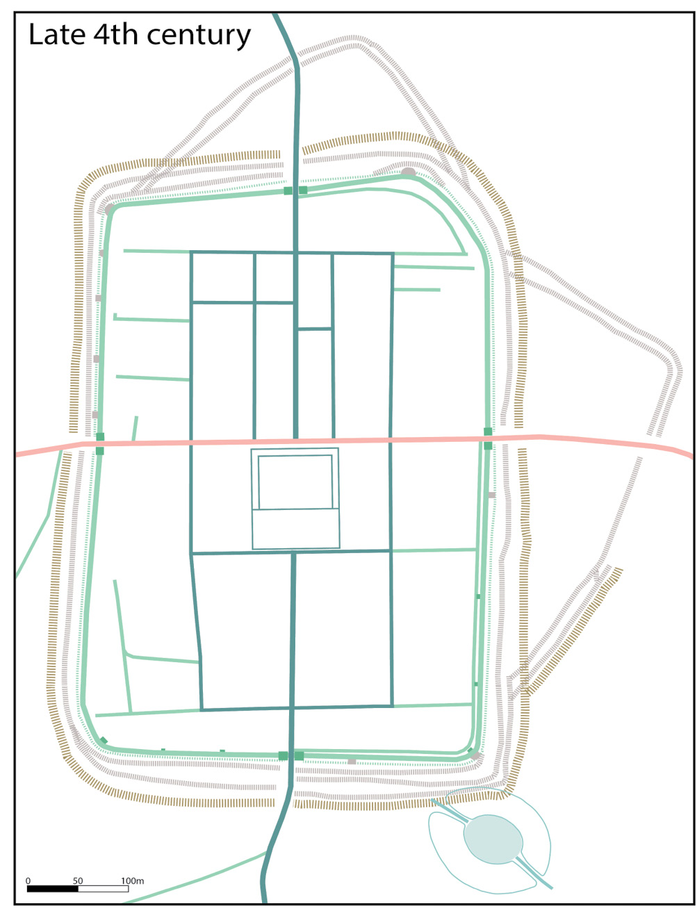 LEFT In the 4th century, Isurium seems to have entered a marked decline. Some of its public buildings appear to have gone out of use, or seen changes of purpose in this phase plan, we can see how a new defensive ditch to the south cut into the amphitheatre, putting it out of use.