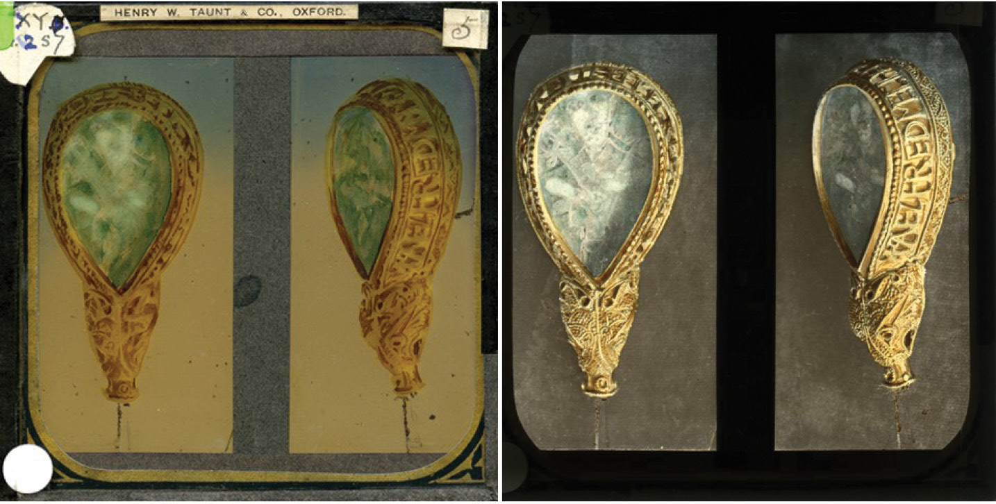 below A lantern slide of the Ashmolean Museum’s Anglo-Saxon ‘Alfred Jewel’. The left picture shows the slide, with its expensive gold-trimmed frame produced by the famous Oxford photographer Henry W Taunt’s company before his death in 1922, with later indexing labels. The right image shows the projected view of the hand-coloured images. This slide is not yet in the HEIR database.