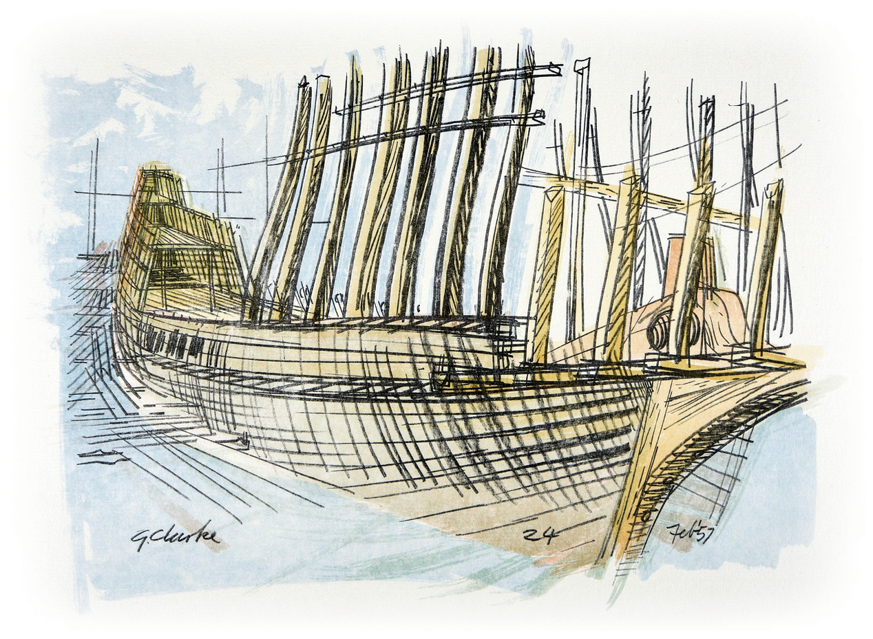 above No contemporary images of the Mayflower survive; our understanding of the ship’s appearance mainly comes from detailed research by naval architect William Baker. His work formed the basis of a life-sized reconstruction, Mayflower II, which was built at the Upham shipyard in Brixham, Devon, in 1955-1956, sailed across the Atlantic, and is now on permanent display in Massachusetts.