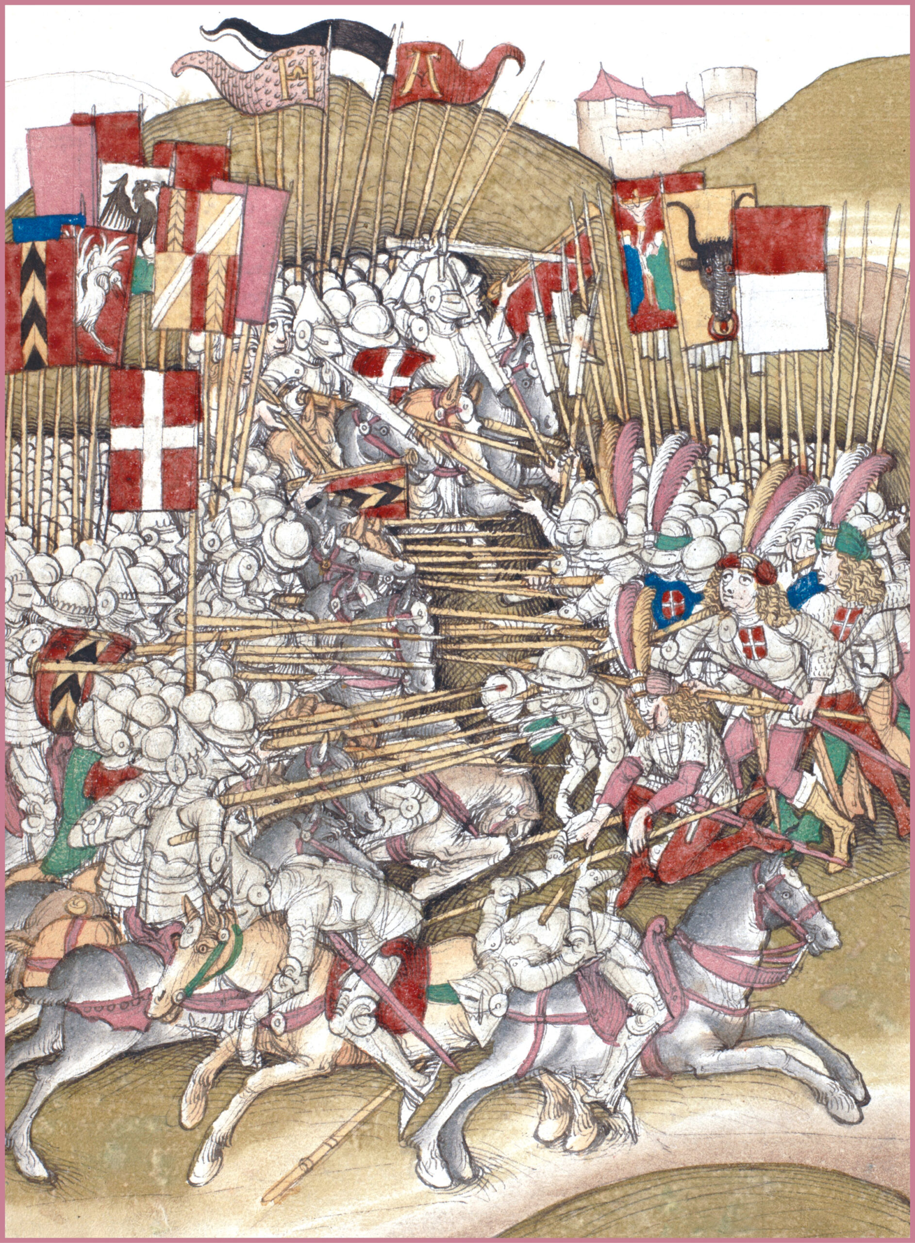 OPPOSITE Another near-contemporary image, this of the Battle of Laupen. The artist has depicted the mountainous terrain and shows the doomed Austrian chivalry on the left, Erlach’s Swiss on the right.