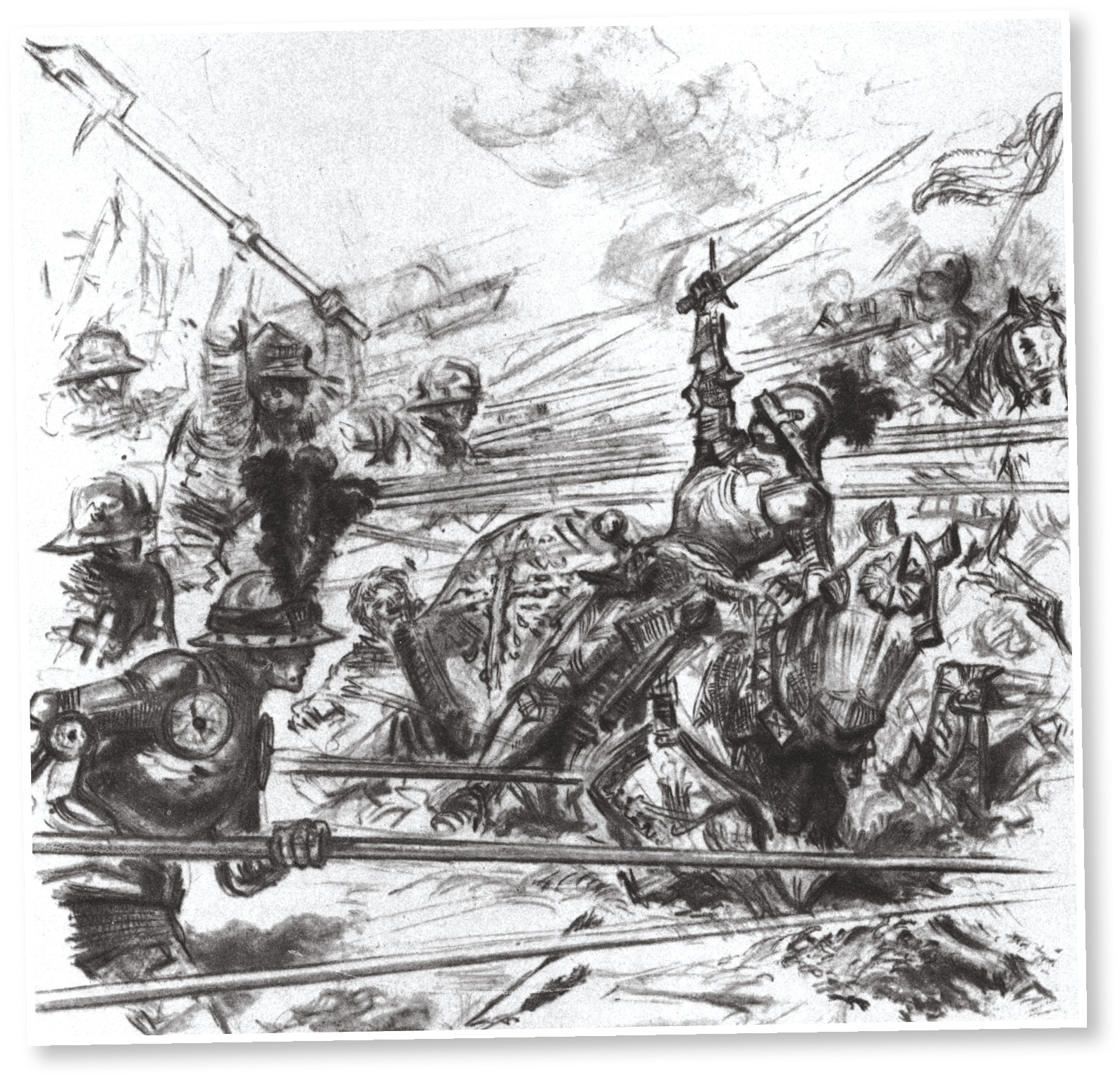 LEFT A vivid modern reconstruction of a clash between Swiss pikemen and mounted knights.