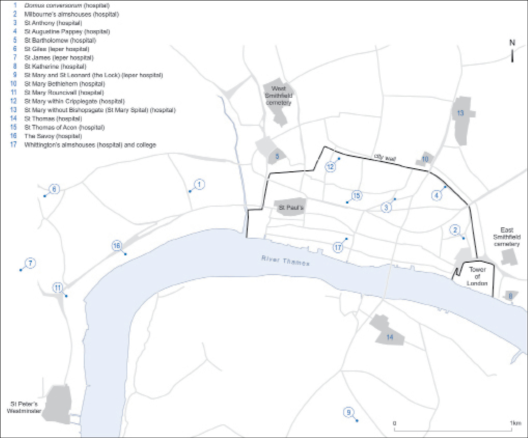 above This map shows London’s medieval hospitals within and without the medieval city wall, together with the East and West Smithfield Black Death emergency burial grounds. The hospital and priory of St Mary of Bethlehem (popularly known as ‘Bedlam’) was founded in 1247 on the other, west, side of Bishopsgate Street, nearer the city gate, to provide lodging for the poor.