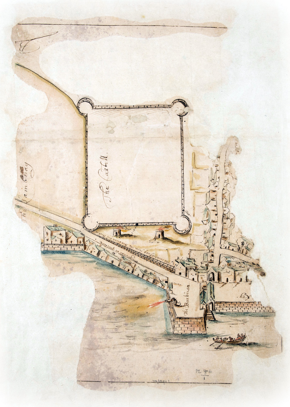 Above This plan of Plymouth’s Barbican dates from the early 1600s. It includes a depiction of the steps that the Mayflower passengers may have used to depart Plymouth; today this location is marked with a stone portico (top opposite).
