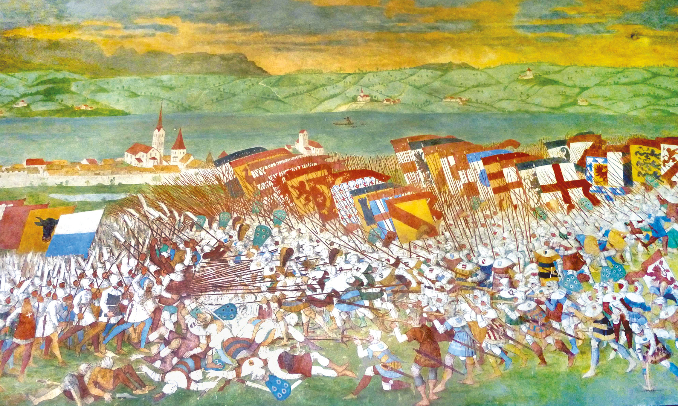 ABOVE A 17th-century fresco in the Chapel at Sempach depicting the Austrian Swiss battle on 9 July 1386.