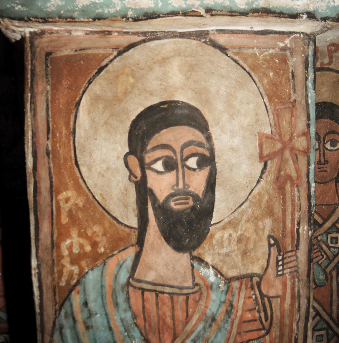 above Paintings at Maryam Bahera include St John painted on plaster on a pillar in the late 14th/early 15th century. right Abuna Yemata on horseback, in his church at Guh. bottom right A painting on plaster, dating from c.1400, in the church of Debra Tsion shows St Theodore the Egyptian on horseback spearing a giant snake. He is followed by the archangel Gabriel and St Claudius (or Galawdewos).