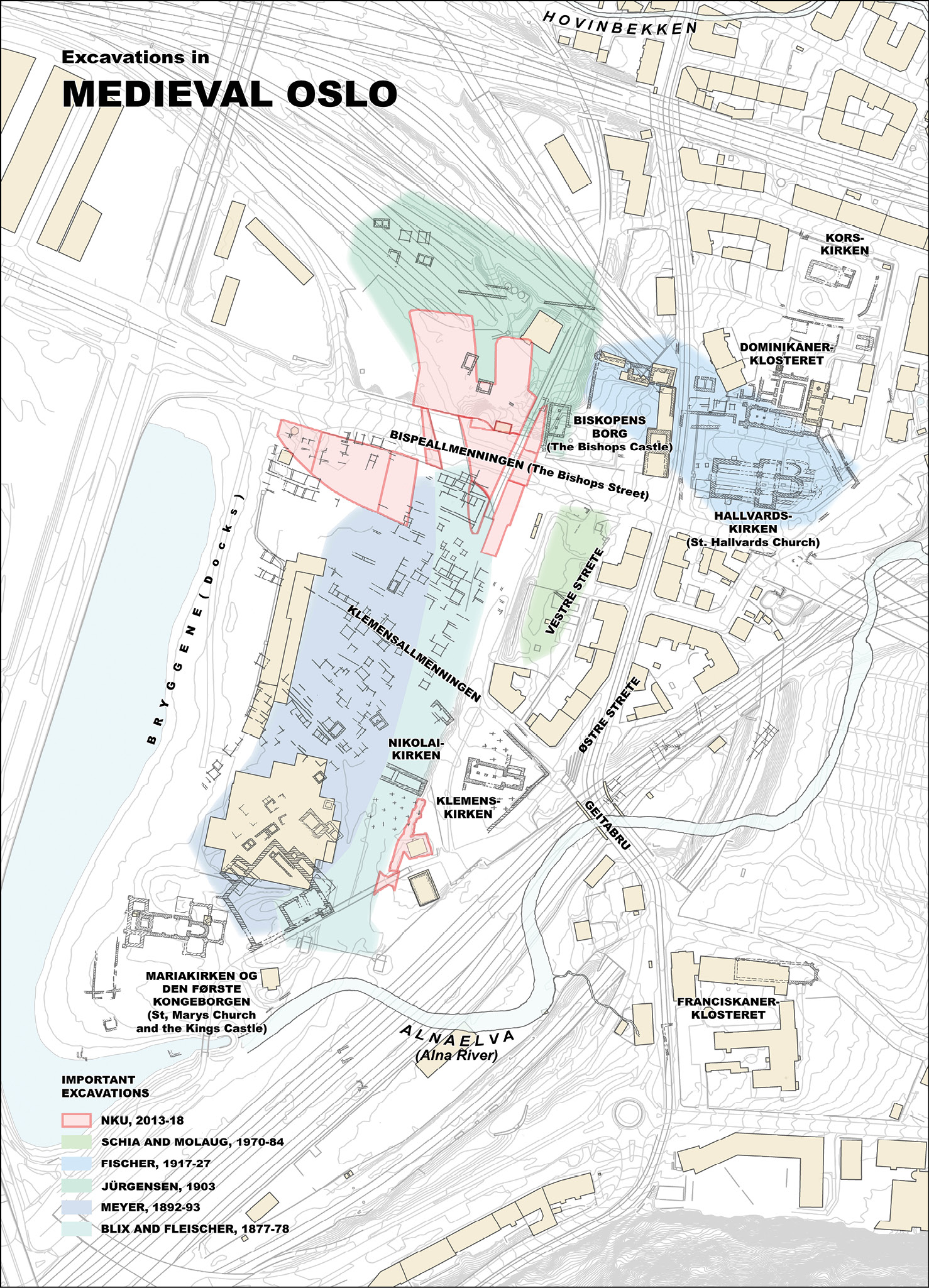 LEFT A map showing what is known of medieval Oslo, and when it was investigated, overlain on the modern outskirts of the city. The main areas investigated during the Follo Line Project are shown in red. Note the locations of the Bishop’s Castle (towards the top right) and