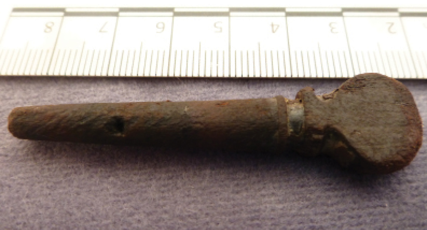 More personal items included clay tobacco pipes (below), of which a wide variety of styles have been found, and the tuning peg (left) from a musical instrument, probably a fiddle.