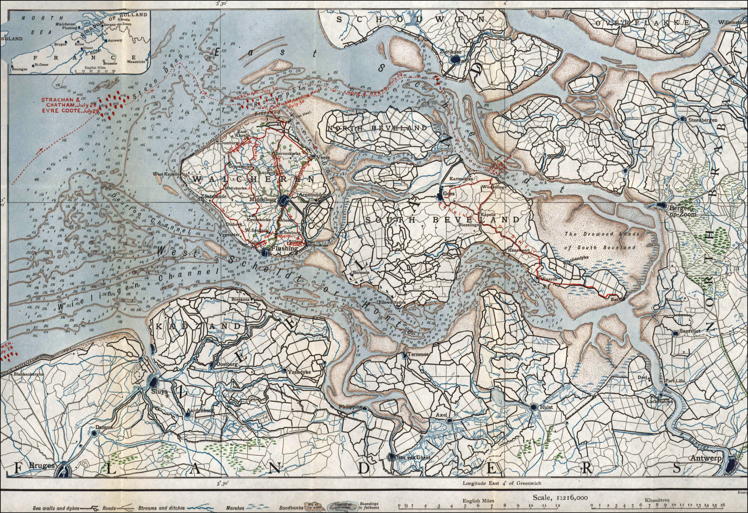 BELOW The Walcheren Campaign was fought amid the maze of low-lying land and intersecting rivers and channels on the Dutch coast. This general plan gives a vivid impression of the landscape in 1809, and shows the major sites mentioned in the text.
