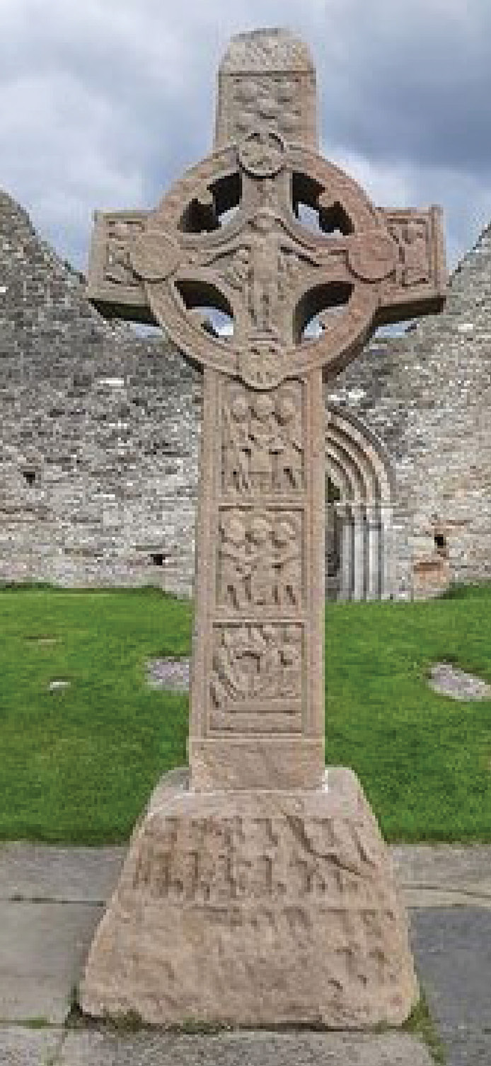 LEFT & BELOW There is some evidence that bracken, fern leaves, or animal skins were used to wrap bodies before burial in the late Iron Age and early medieval period, but Christian burial followed Gospel descriptions of Christ having been wrapped in a winding sheet of fine linen, as depicted here at the base of the Cross of the Scriptures at Clonmacnoise, Co. Offaly.