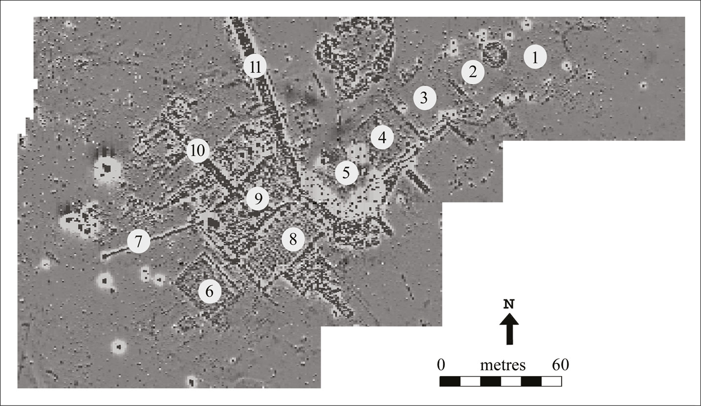 ABOVE The magnetometry survey of the main complex revealed some of the surviving remains: (1)-(6) sites of Bessonneau hangars; (7) probably a soakaway to take rainwater from the yard; (8) flight shed corrugated-iron building; (9) yard/parking area; (10) area of huts and path; (11) access track. LEFT The survey also detected parts of the firing range nearer the river: (12) south-west end of firing range; (13) north-east end of firing range; (14) probable Bronze Age or Iron Age settlement and trackway; (15) possible aeroplane compass adjusting circle.