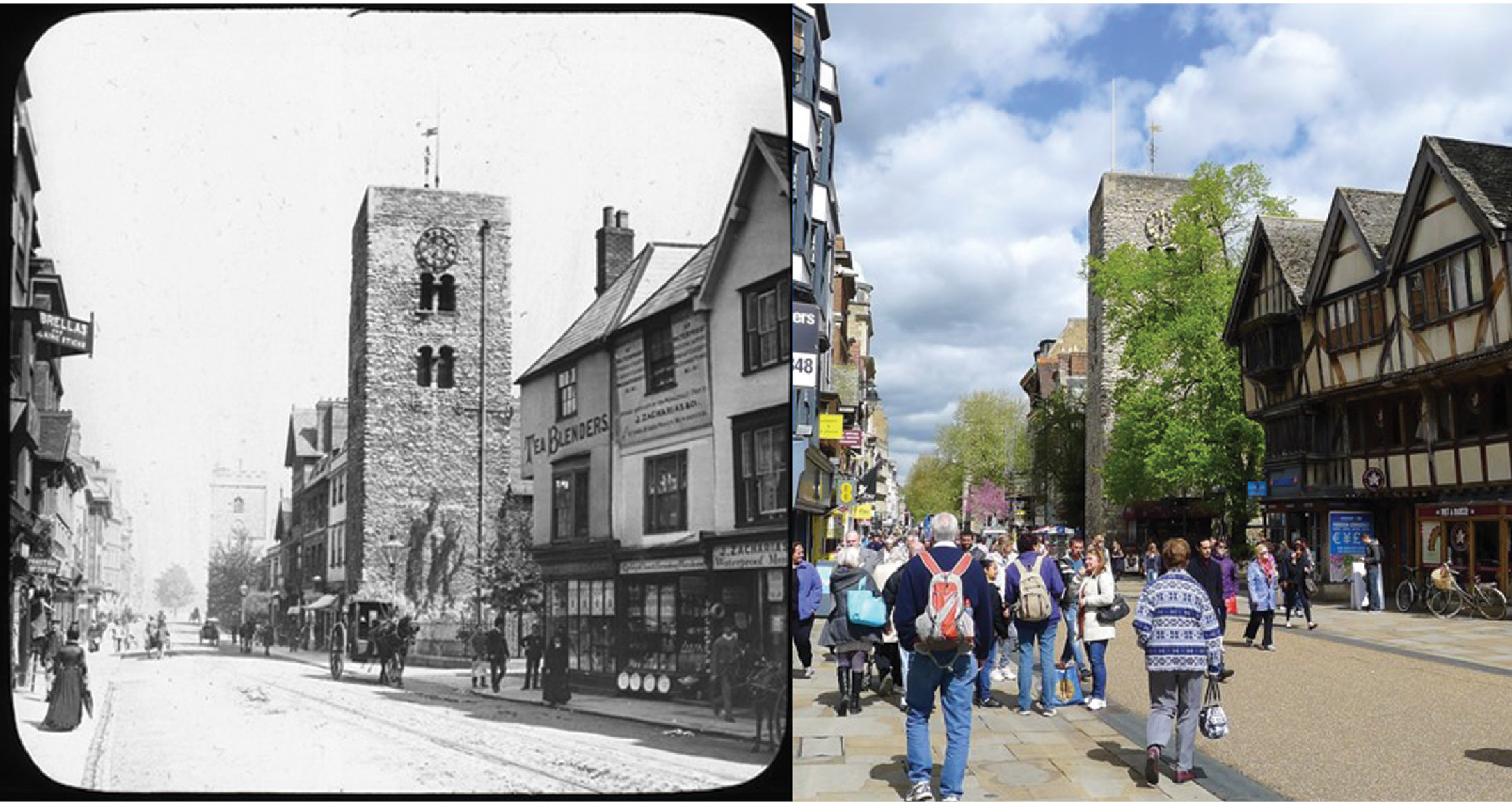 above These photographs show Oxford’s Cornmarket Street c.1885 (HEIR ID 41566; photo by Henry W Taunt) and in 2016 (HEIR ID 57110; photo by Philip Salmon).