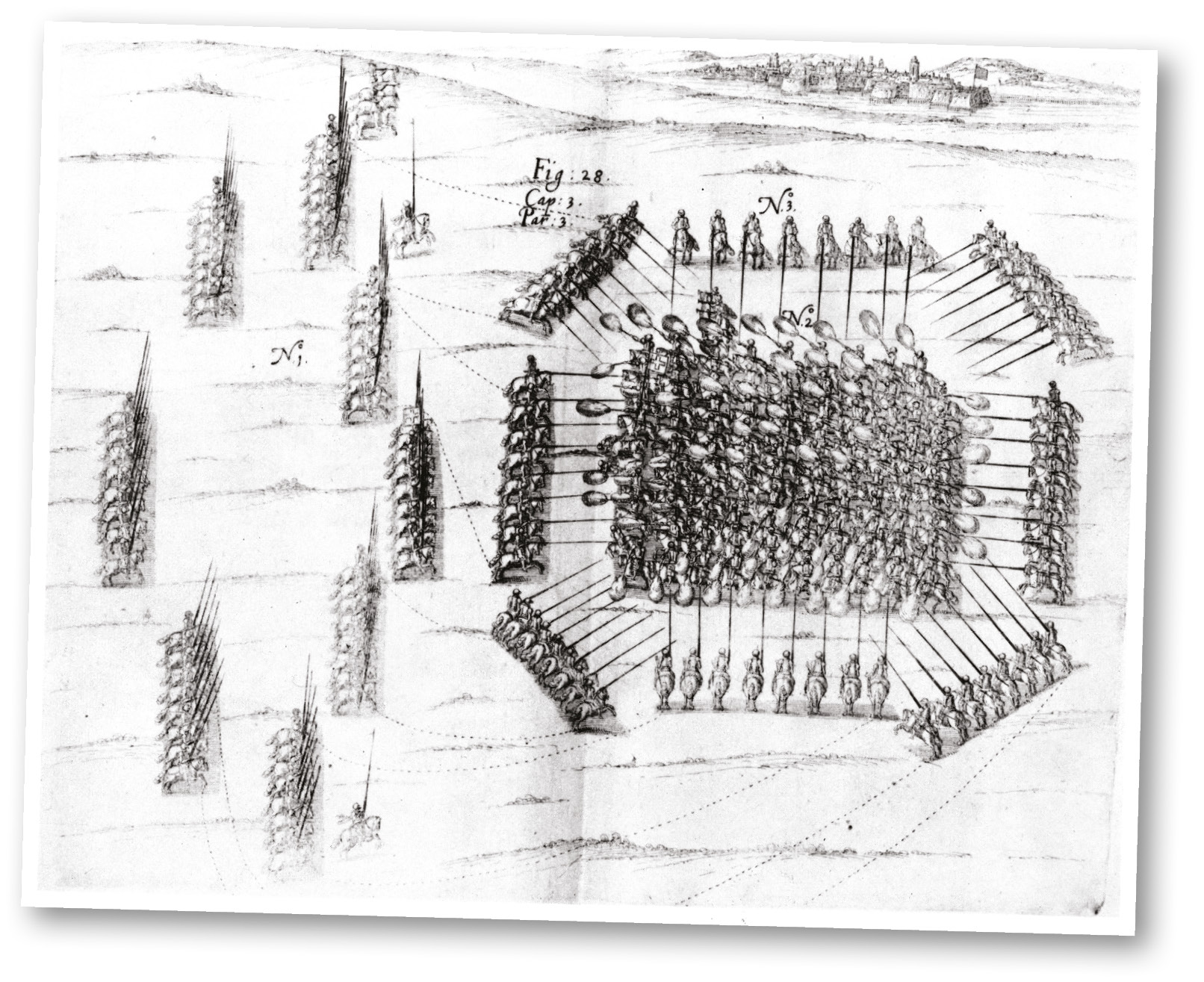 below A contemporary military manual, illustrating the drill of mounted pistoleers. RIGHT A contemporary representation of cavalry versus infantry combat in the ‘pike-and-shot’ era.
