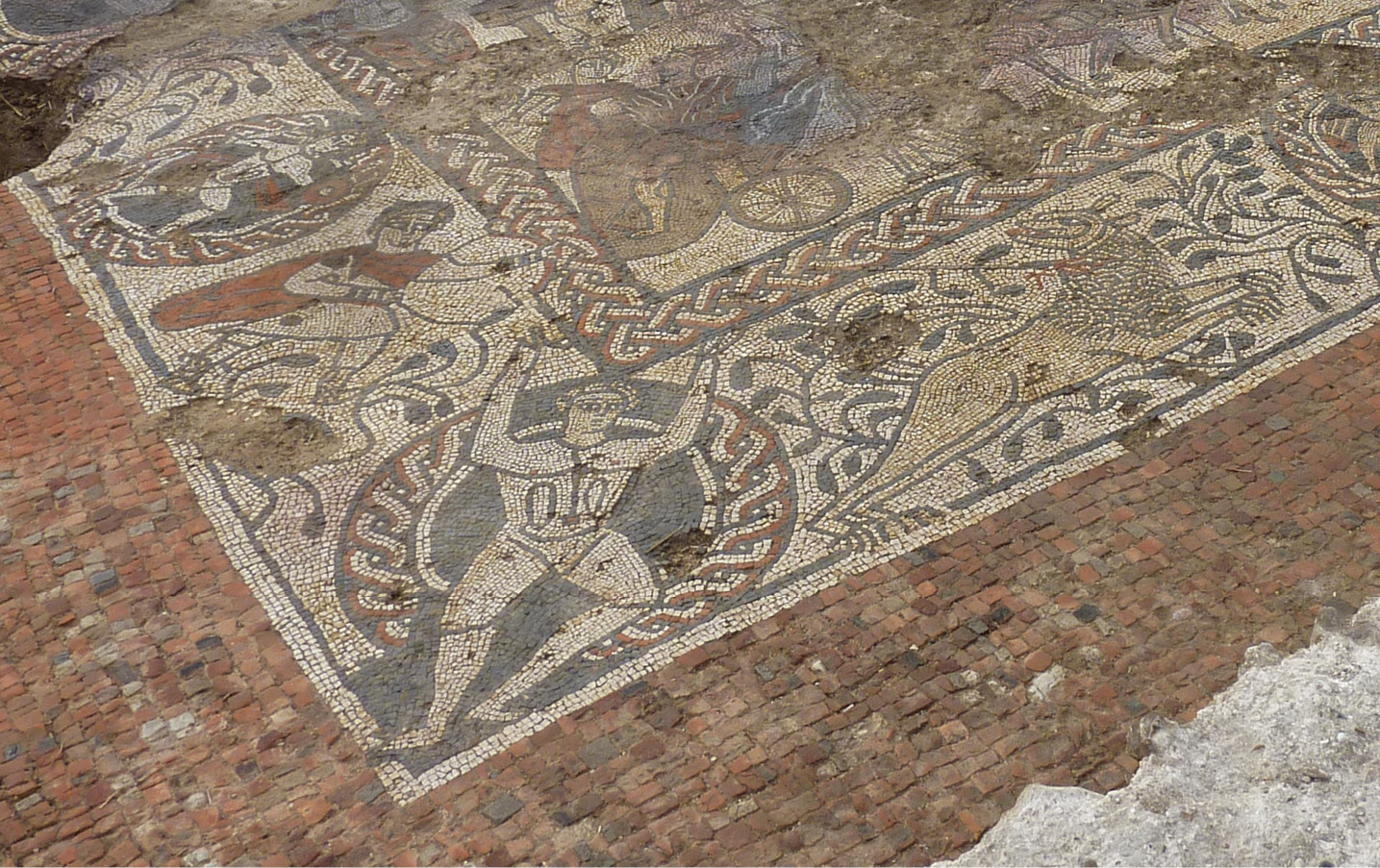 left This remarkably dynamic corner shows Alcathous shooting the Cithaeronian lion behind the back of a giant figure called a telamon. Humanoid telamones are rarely seen in mosaics across the Roman Empire.