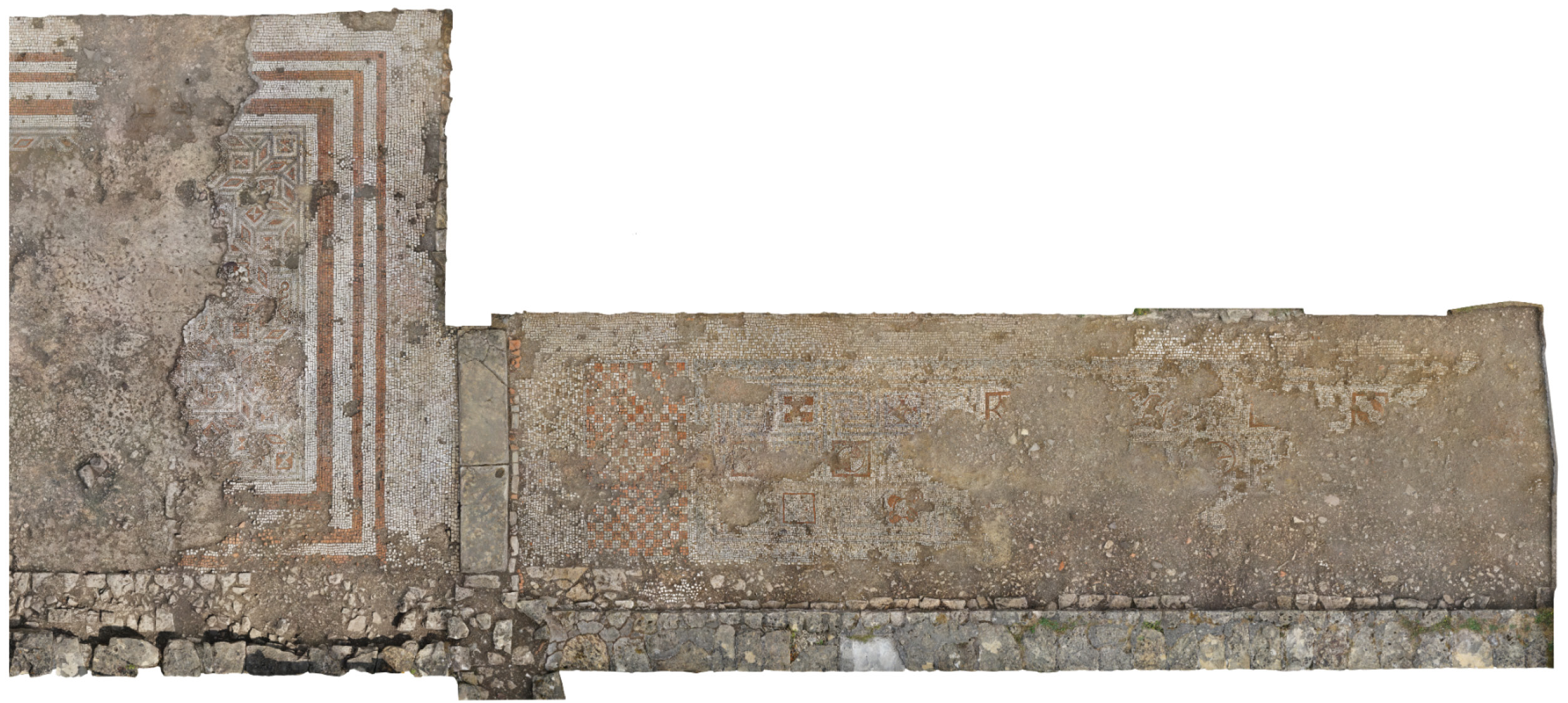 below Photogrammetric scans show some of the other surviving North Range mosaics. On the left is the east end of the 18m long by 6m wide reception hall mosaic (Room 25b), and on the right, beyond the original threshold stone and doorway, is the gallery mosaic (Room 33).