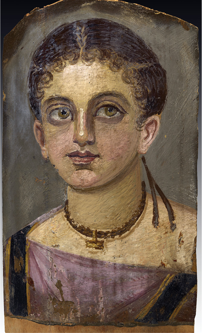above left & middle The ‘Portrait of a Bearded Man’ from the Walters Art Museum (c. AD 170-180; A), and (B) the portrait under ultraviolet light. The purple clavi on the shoulders appear pink-orange, indicated by an arrow. ABOVE right The ‘Portrait of a Young Girl’ from the Museum of Fine Art, Houston, with chromium detected in the purple paint.