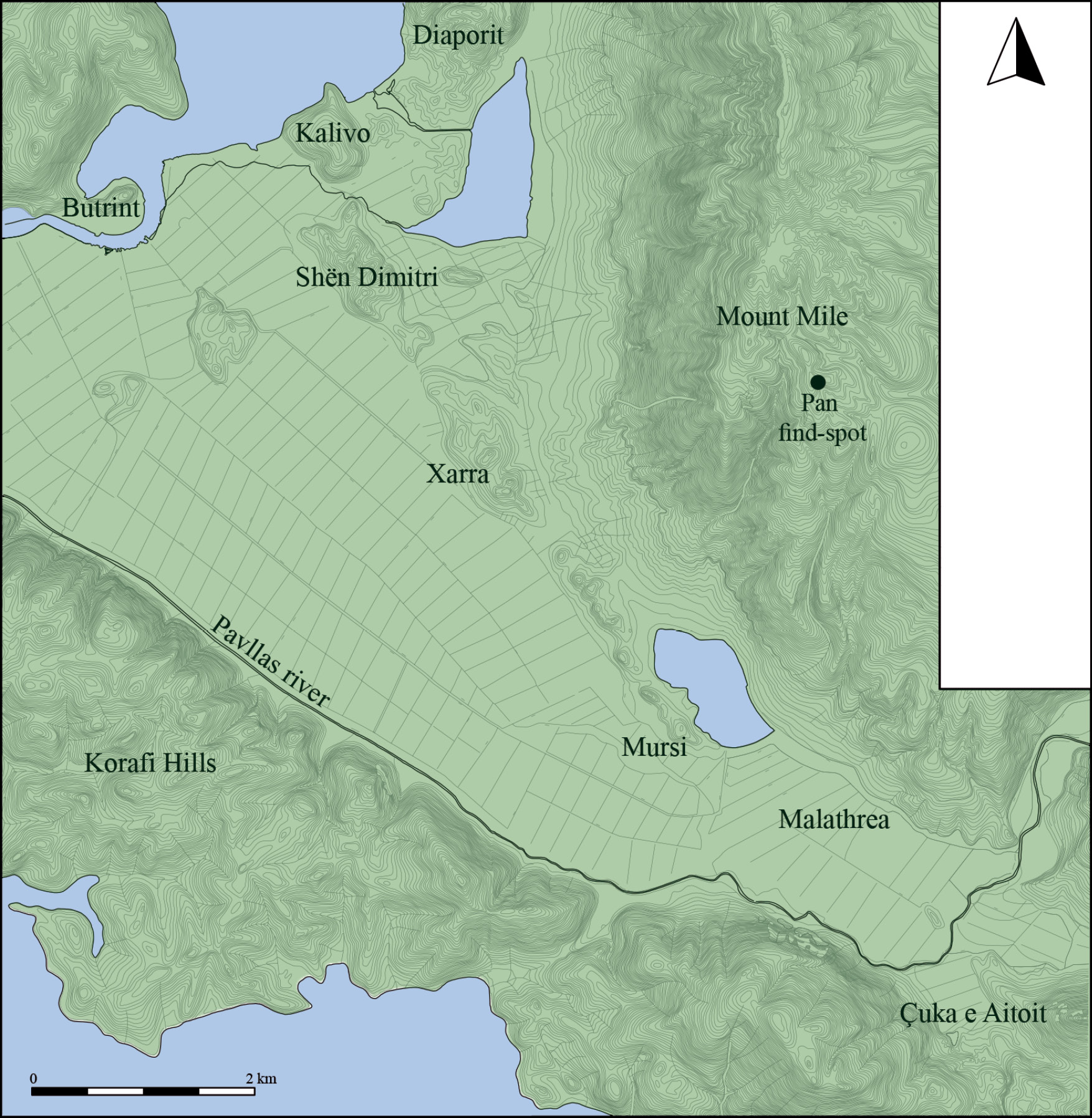 LEFT The find spot of the Pan statuette on Mount Mile, showing its relationship with the nearby site of Butrint. BELOW To celebrate the discovery of the statuette of Pan, an Albanian national stamp bearing its image was issued in 1986.