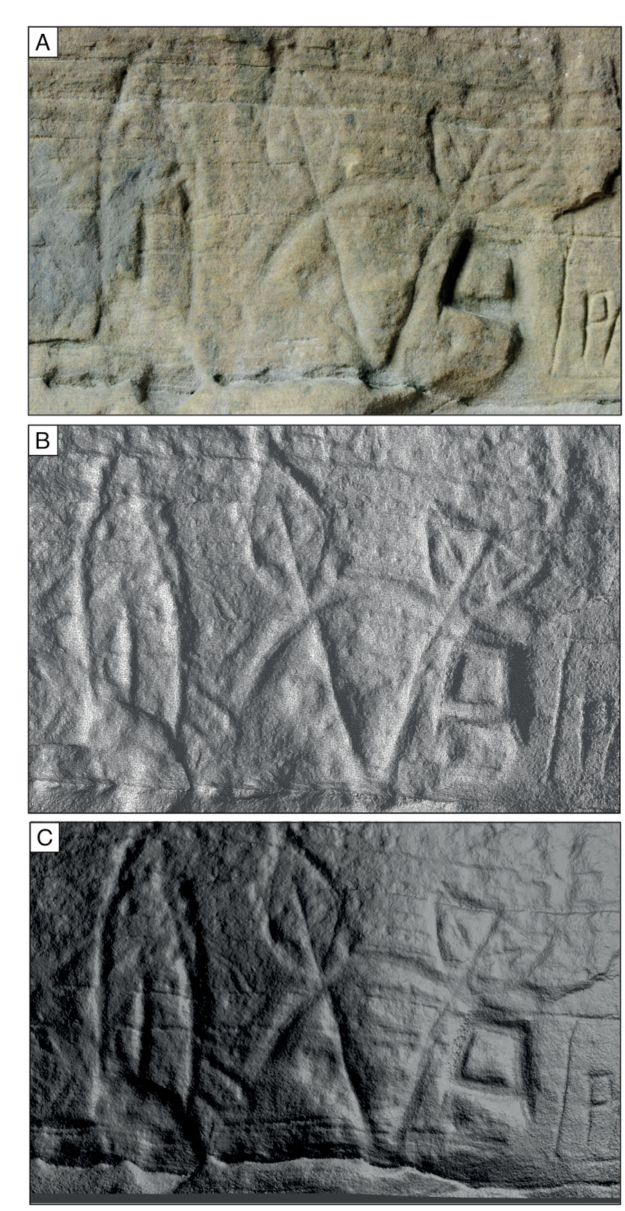 right Crescent and V-rod motifs are common Pictish symbols, and are the most frequently occurring images at the Sculptor’s Cave. The upright fish image to the left is one of only two animal symbols from the site.