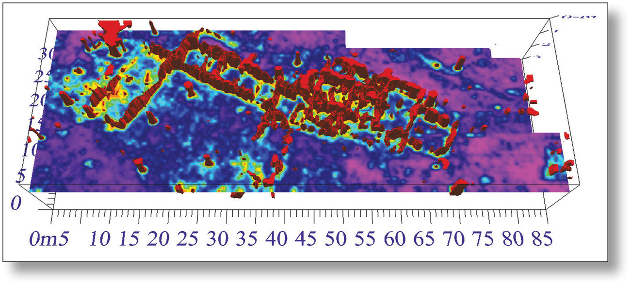 top This summary time-slice clearly shows plan of a large villa building, including the individual rooms, corridors, and even an apsidal end of a bath-house (not a football pitch see p.26!) middle Three-dimensional model representation of GPR data from Caerwent, which shows a graphical reproduction of what actually lies beneath the ground. above The three-dimensional model super-imposed over the radar image. This gives an entirely new view of what excavators can expect to find beneath the surface of the ground, including an estimate of the depth and survival of wall foundations.﻿