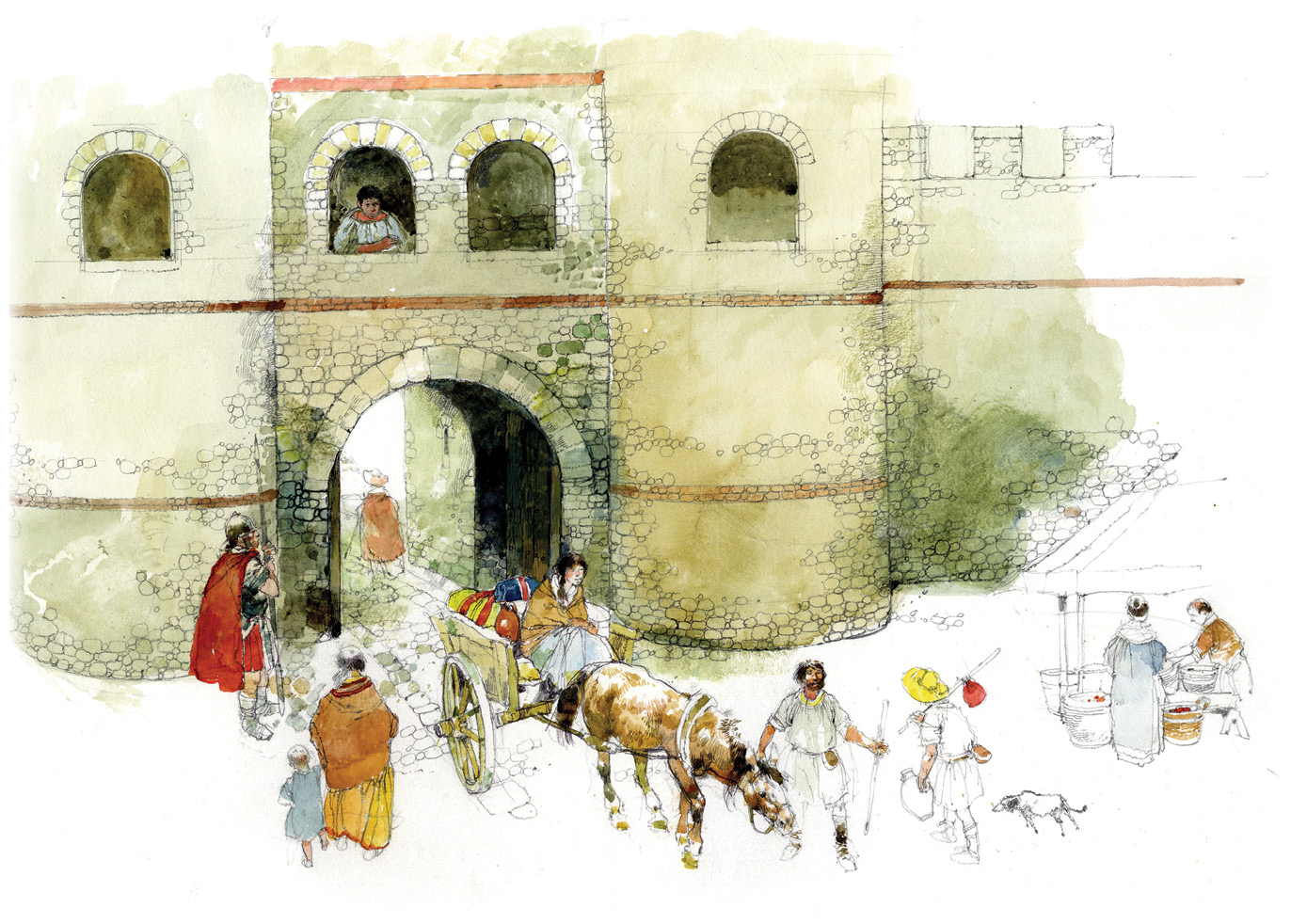 above Victor Ambrus’ reconstruction of a town wall gate at Roman Cunetio in modern Wiltshire. Victor’s vivid artwork helped bring the past to life.