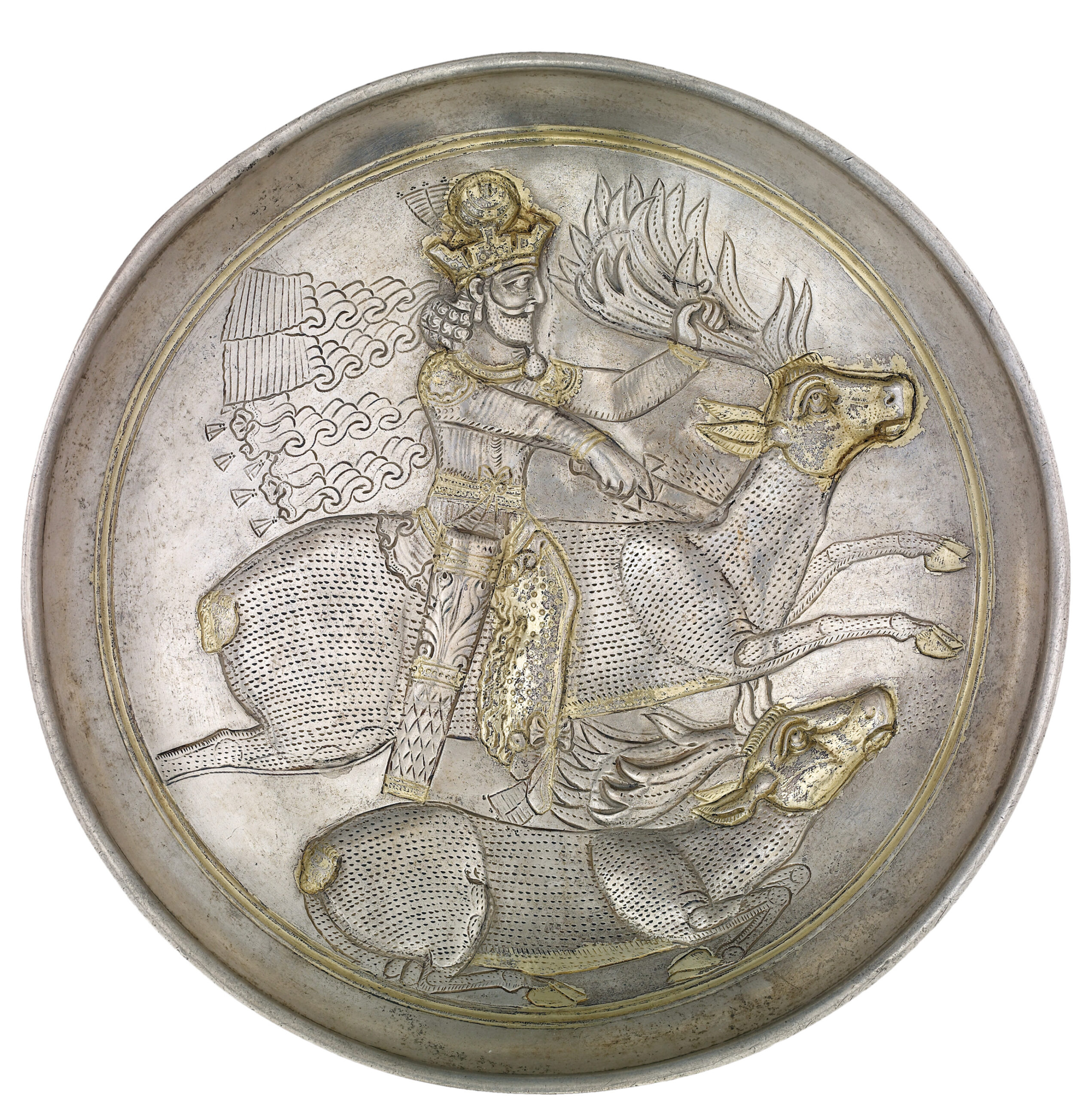 above Dish showing a Sasanian king (probably Shapur II) hunting stags. Silver, partially gilded, c. AD 309-379. Size: 18cm diameter