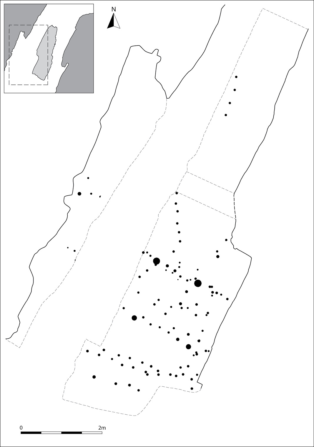 above Patterns of stakeholes within the entrance passages suggest that a succession of wooden structures had been built during the Late Bronze Age. Might they have been used to display the bodies that were brought to the cave at this time?