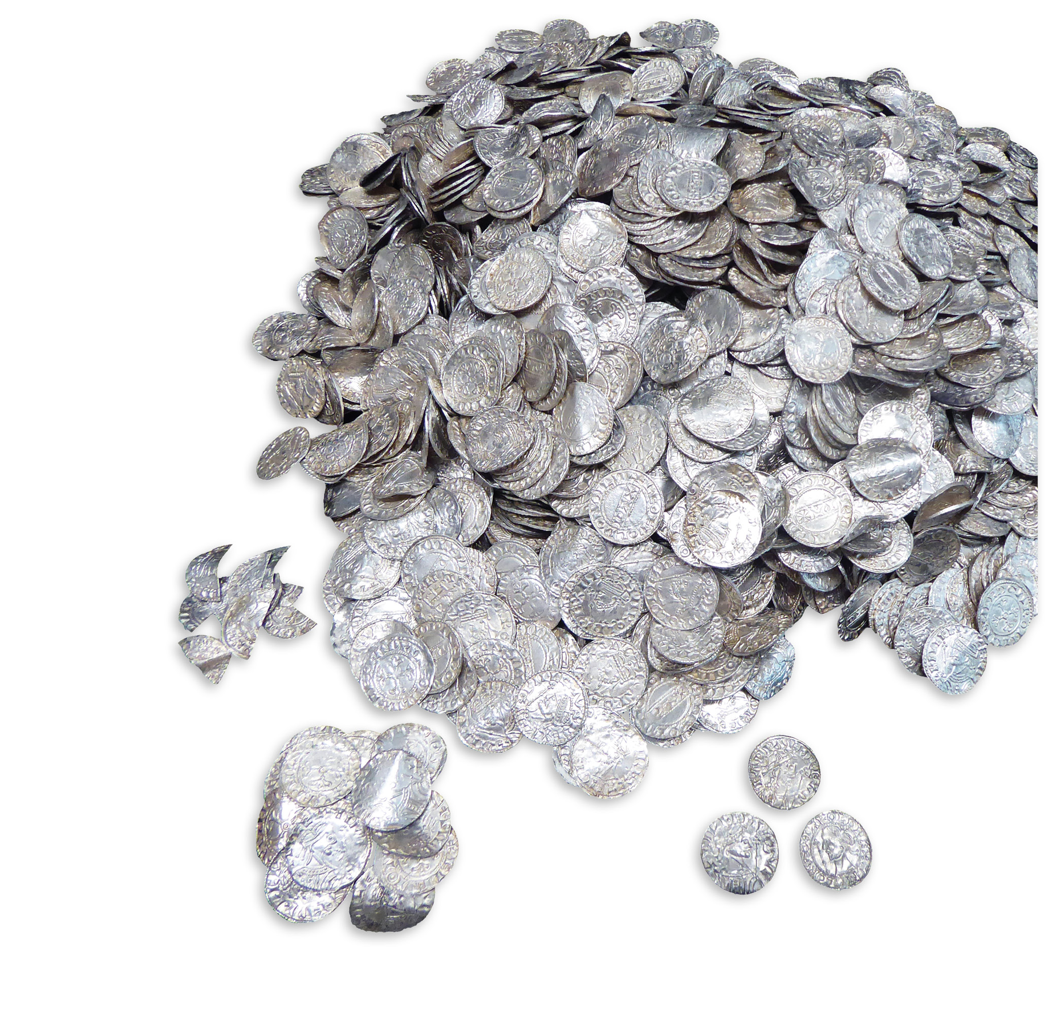 right Found in Somerset farmland, the Chew Valley hoard is the largest-known coin hoard dating from the immediate aftermath of the Norman Conquest. This photo shows just a sample of its more than 2,500 coins.