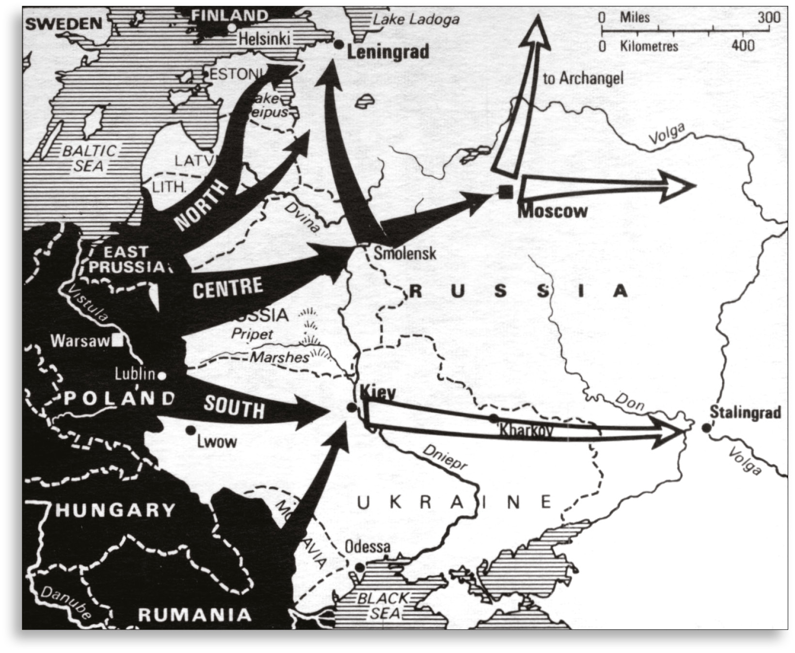 RIGHT A simplified plan of Operation Barbarossa which almost succeeded, thanks to the massive self-inflicted wound of the Stalinist purges of the late 1930s.