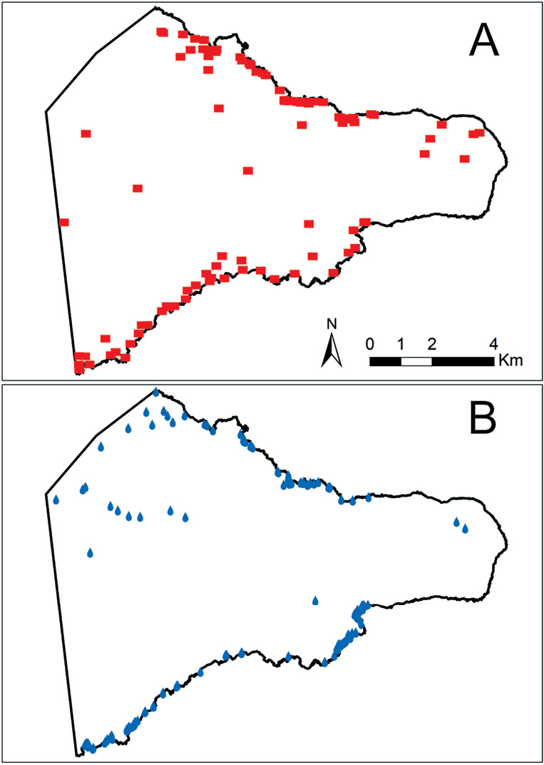 right The study looked at the relationships between the locations of ahu and different environmental variables, like gardening areas, good fishing spots, and sources of freshwater. These two maps mark the locations of ahu (above) and freshwater (below).