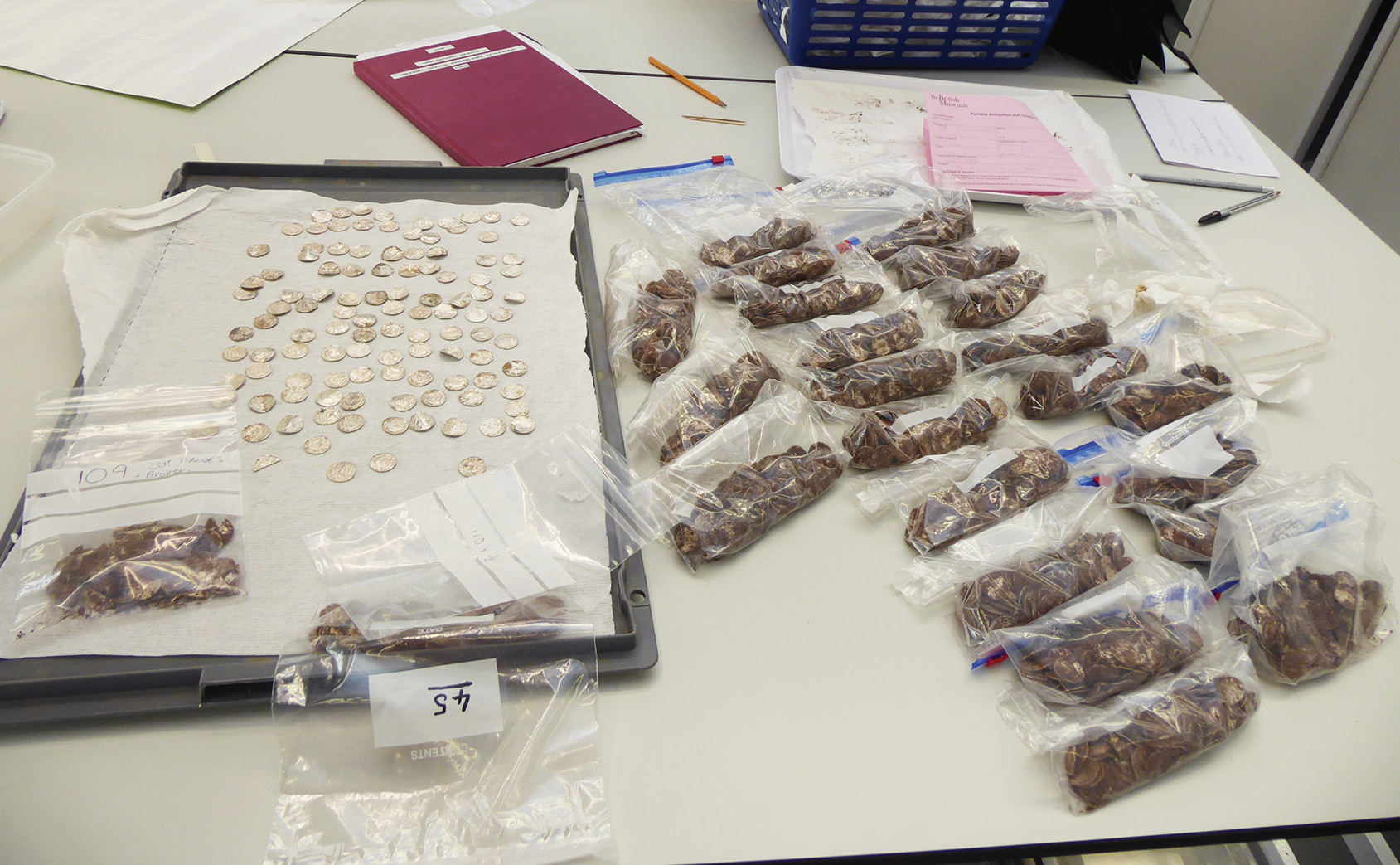 left The hoard was immediately reported to the Portable Antiquities Scheme and the local coroner, and arrived at the British Museum within a day of its discovery. It has since been carefully cleaned by expert conservators led by Pippa Pearce. below At the time of the Norman Conquest, the only coins in circulation in England were silver pennies in order to create smaller denominations, these were often cut into halves or quarters, as is reflected by some of the contents of the Chew Valley hoard.