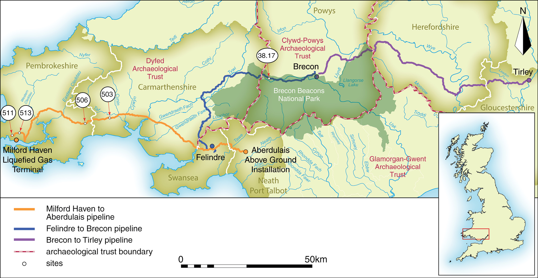 Above The South Wales Gas Pipeline crossed the boundaries of archaeological trusts, and investigations involved many organisations. The white numbers represent some of the sites discussed in Timeline; 503 is Vaynor Farm, while 38.17 is where the Trecastle halberd was found.