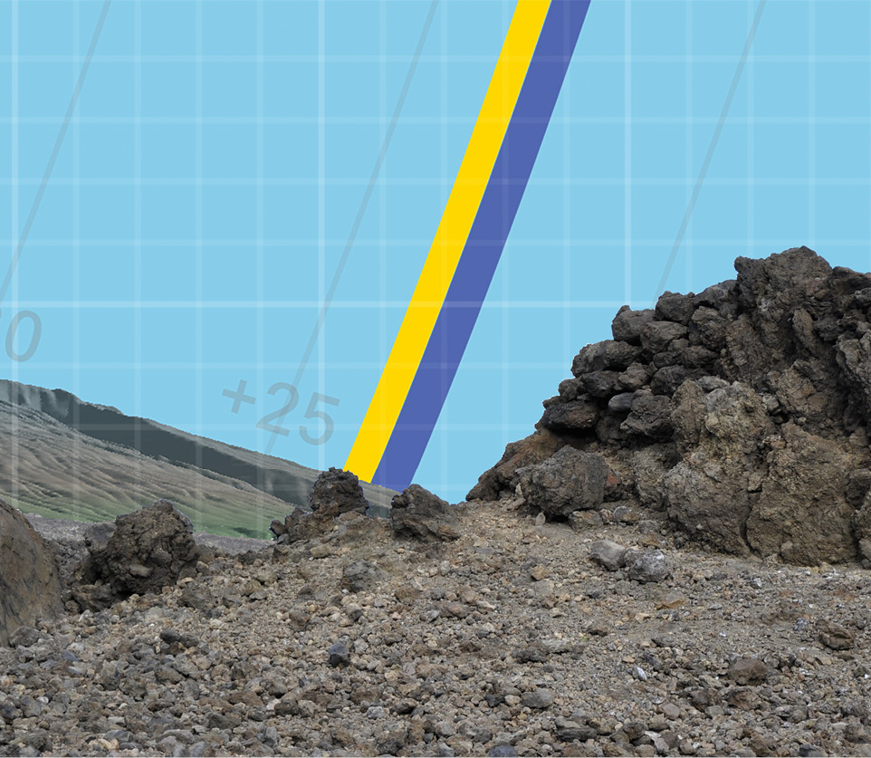 right The horizon when looking east-northeast from the ALE-140 heiau. The yellow line shows the path of the rising sun at the summer solstice, while the dark blue line gives the rising of the Pleiades in AD 1600.