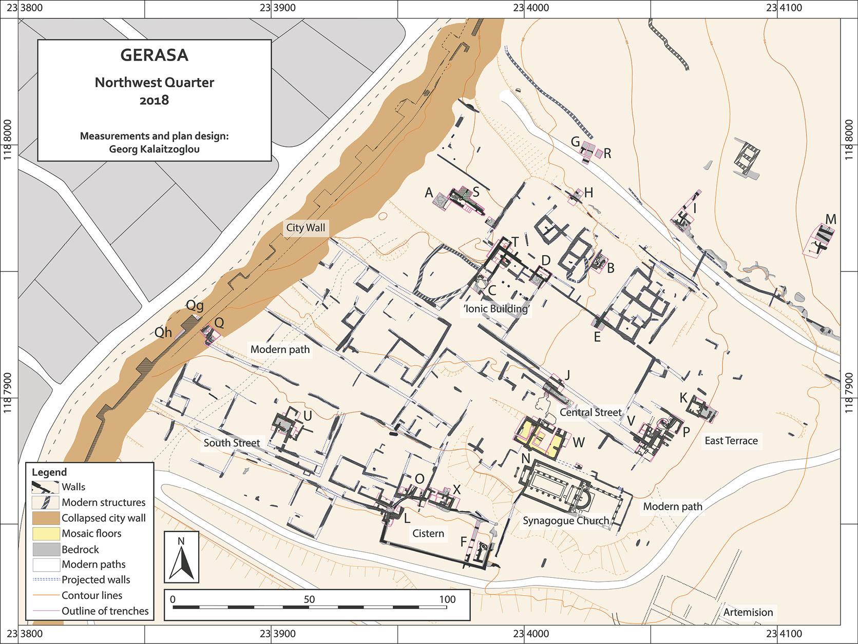 RIGHT A map showing the Northwest Quarter of Jerash. The excavated trenches are marked with letters.