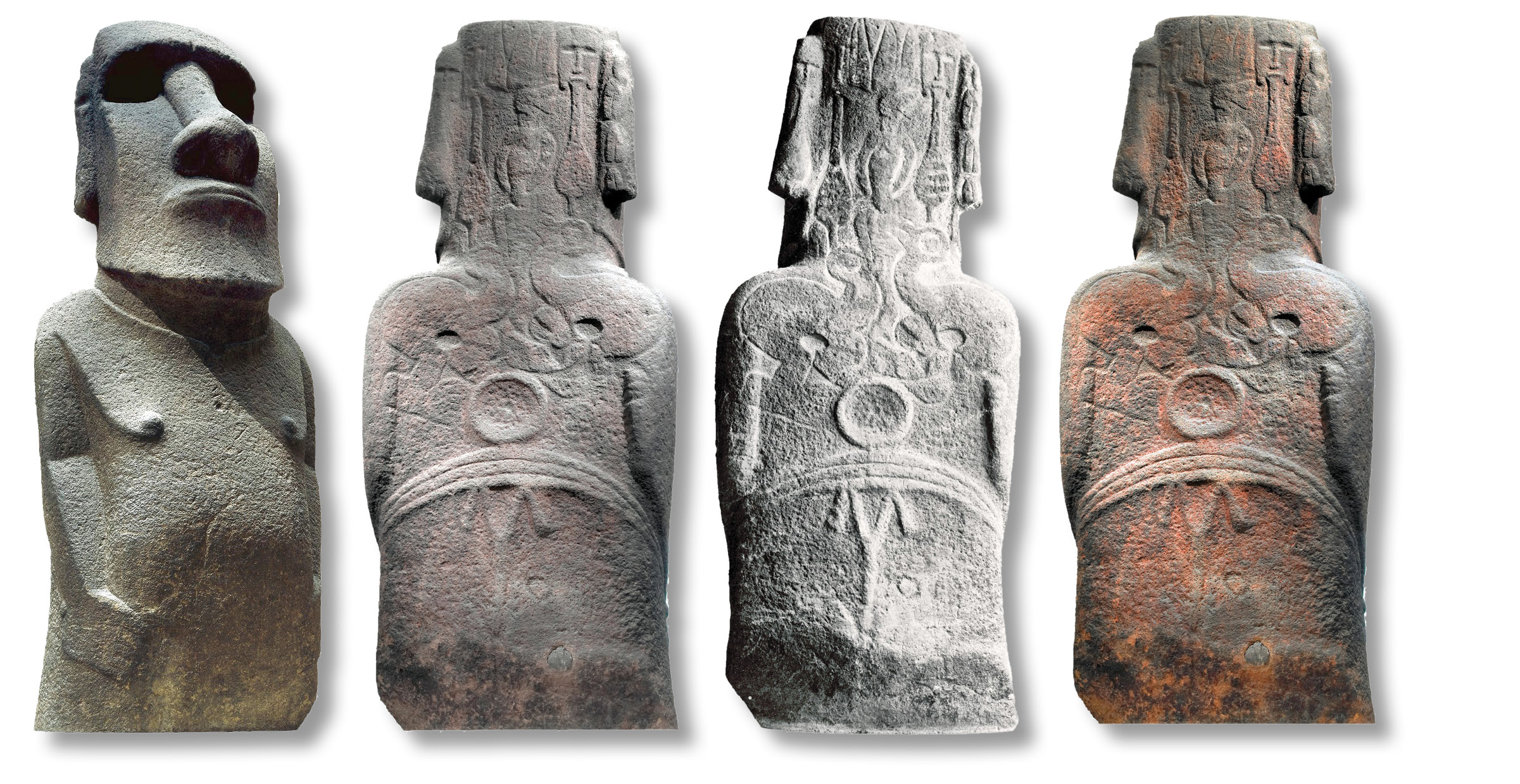 The distinctive face of moai Hoa Hakananai’a (ABOVE); carvings on the back of the statue (above centre); 19th-century photograph showing white symbol outlines (above right); the modern image enhanced, to show traces of red pigment in rock pores (above far right).
