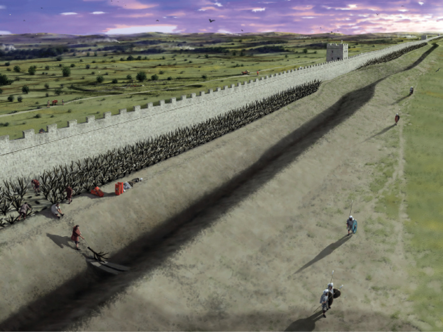 above A reconstruction of the wooden obstacles arranged on the berm between the ditch and the Wall curtain. Were these a standard feature?