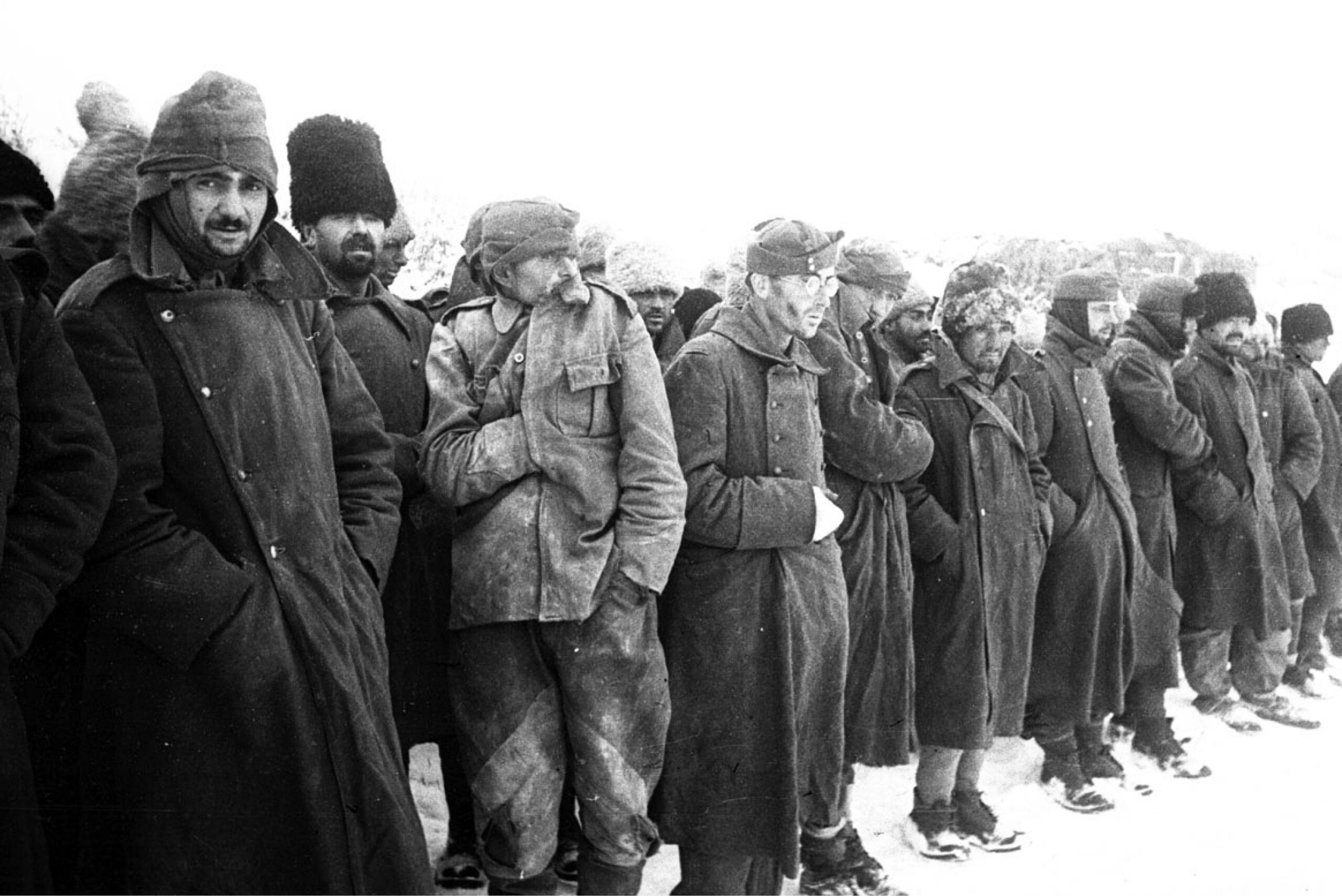 below Romanian prisoners at Stalingrad. opposite The Russian counter-offensive in southern Russia in winter 1942/43. The vast distances covered meant that the German armies became over-extended, with weak flanks, vulnerable supply-lines, and a lack of reserves. Marshal Zhukov’s counter-offensive, launched in midwinter, struck at both flanks, which caved in, and allowed the Soviets to surround Stalingrad.