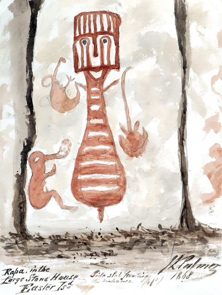below John Linton Palmer painted this previously unpublished watercolour in 1868. The handwritten caption explains that this motif appeared on a side-slab fronting the entrance of a large stone house.