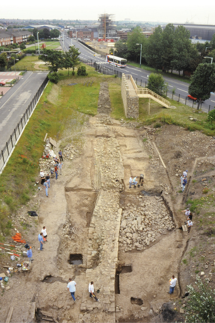 below Excavating the line of Hadrian’s Wall at Wallsend, just west of the fort.