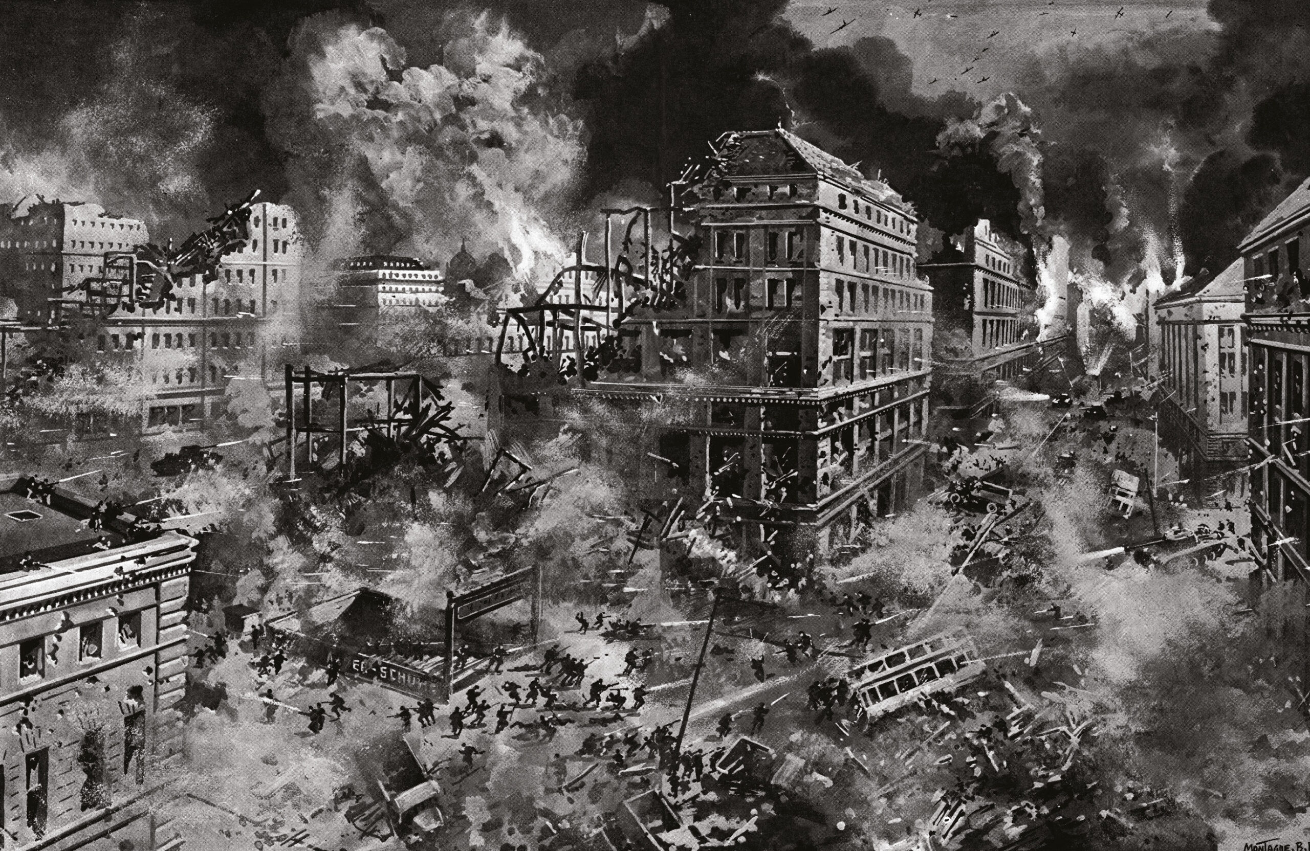 BELOW A contemporary war artist's depiction of the fighting between the Wehrmacht and the Red Army in the streets of Berlin.