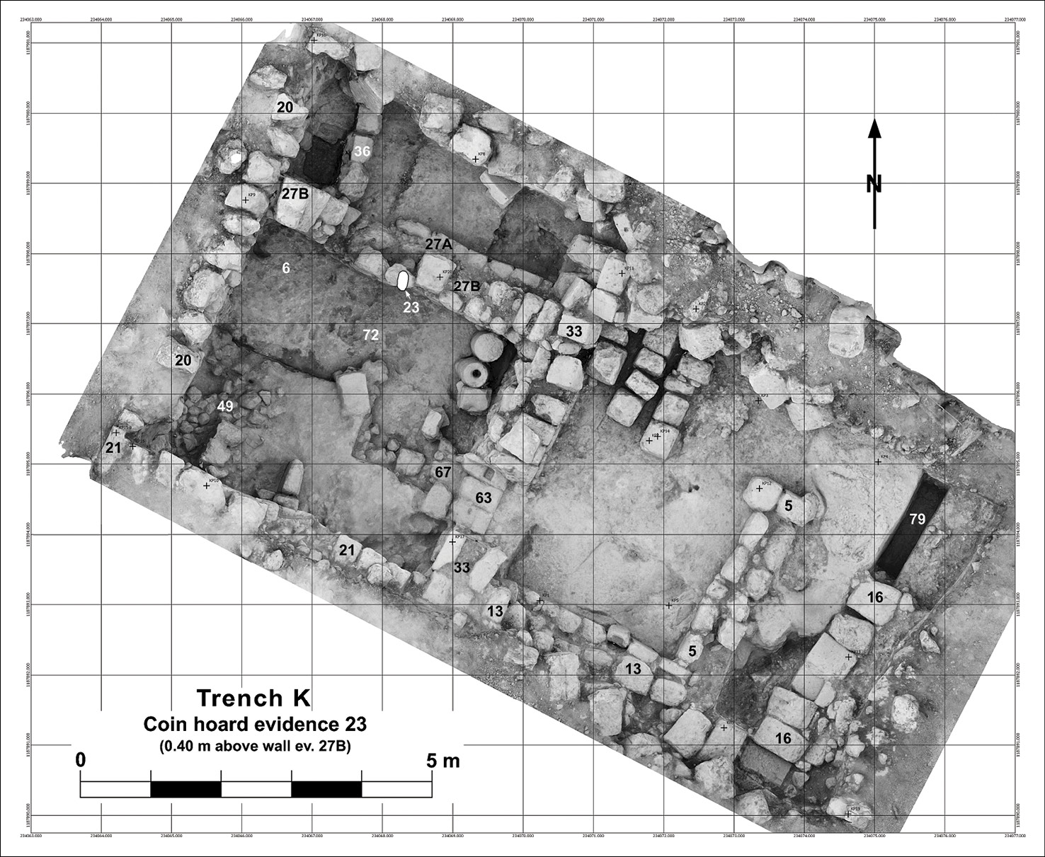 BELOW A photogram showing the excavated parts of the House of the Scroll (Trench K). The kitchen is the room in the SW corner. Marked in white (no. 23) is the place where a coin hoard was found.