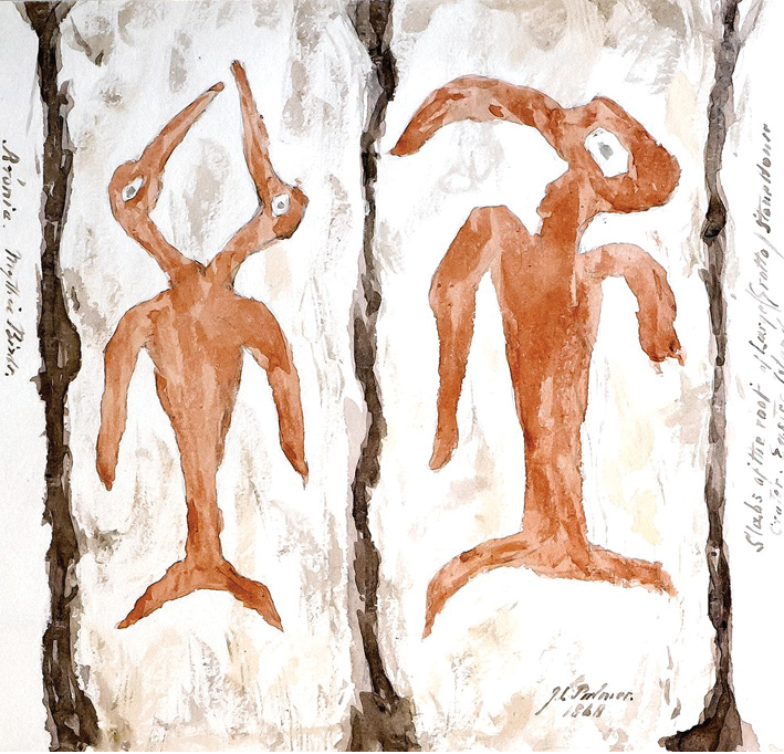 below Palmer’s watercolour (1868, previously unpublished) of a two-headed bird and a stylised frigate bird. right Safford’s photograph (1886) of painted slabs, including the two-headed bird depicted by Palmer.